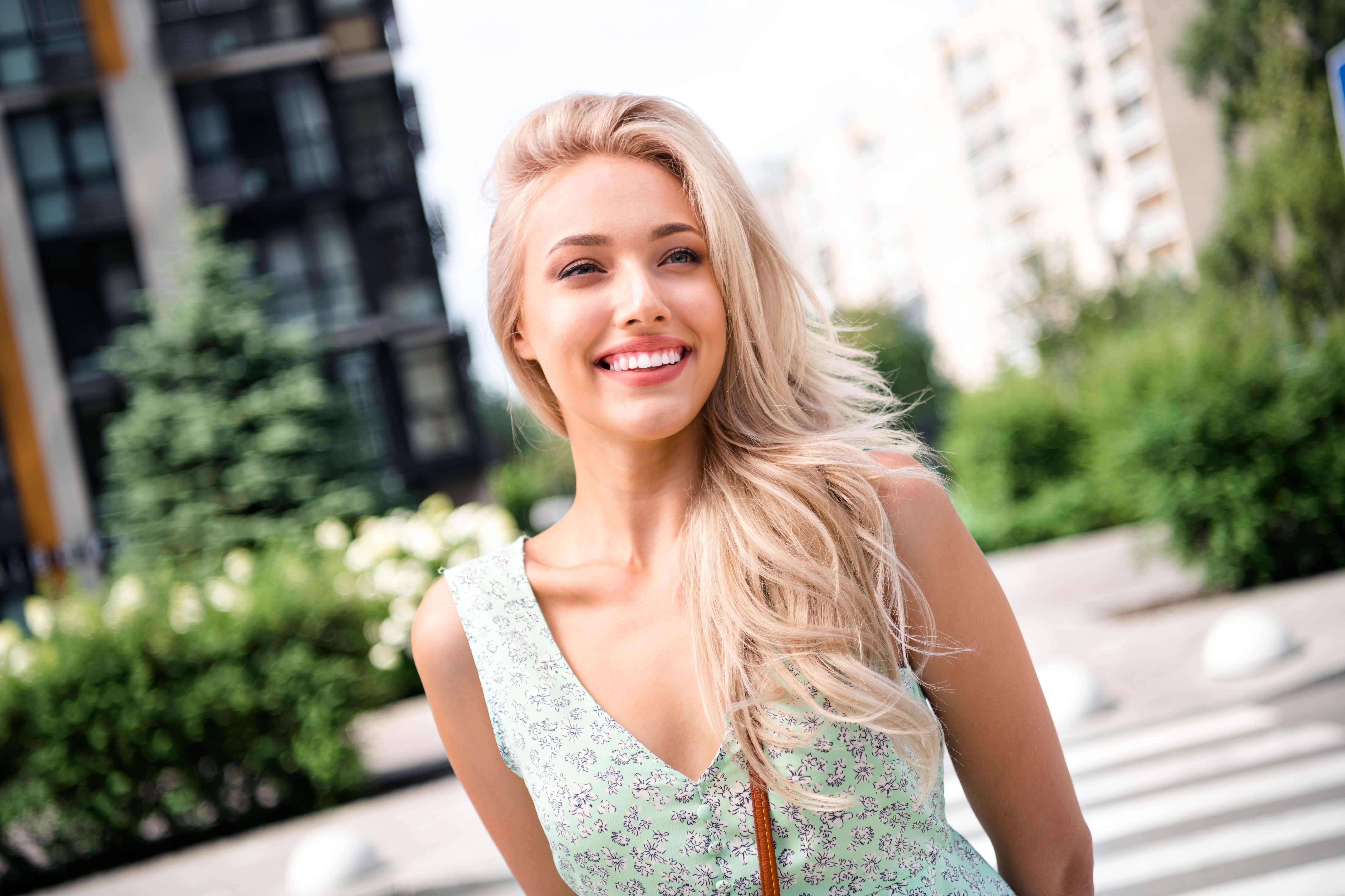 Portrait of adorable pretty sweet shiny cheery girl walking going store mall center enjoying summertime good mood outside Portrait of adorable pretty sweet shiny cheery girl walking going store mall center enjoying summertime good mood outside