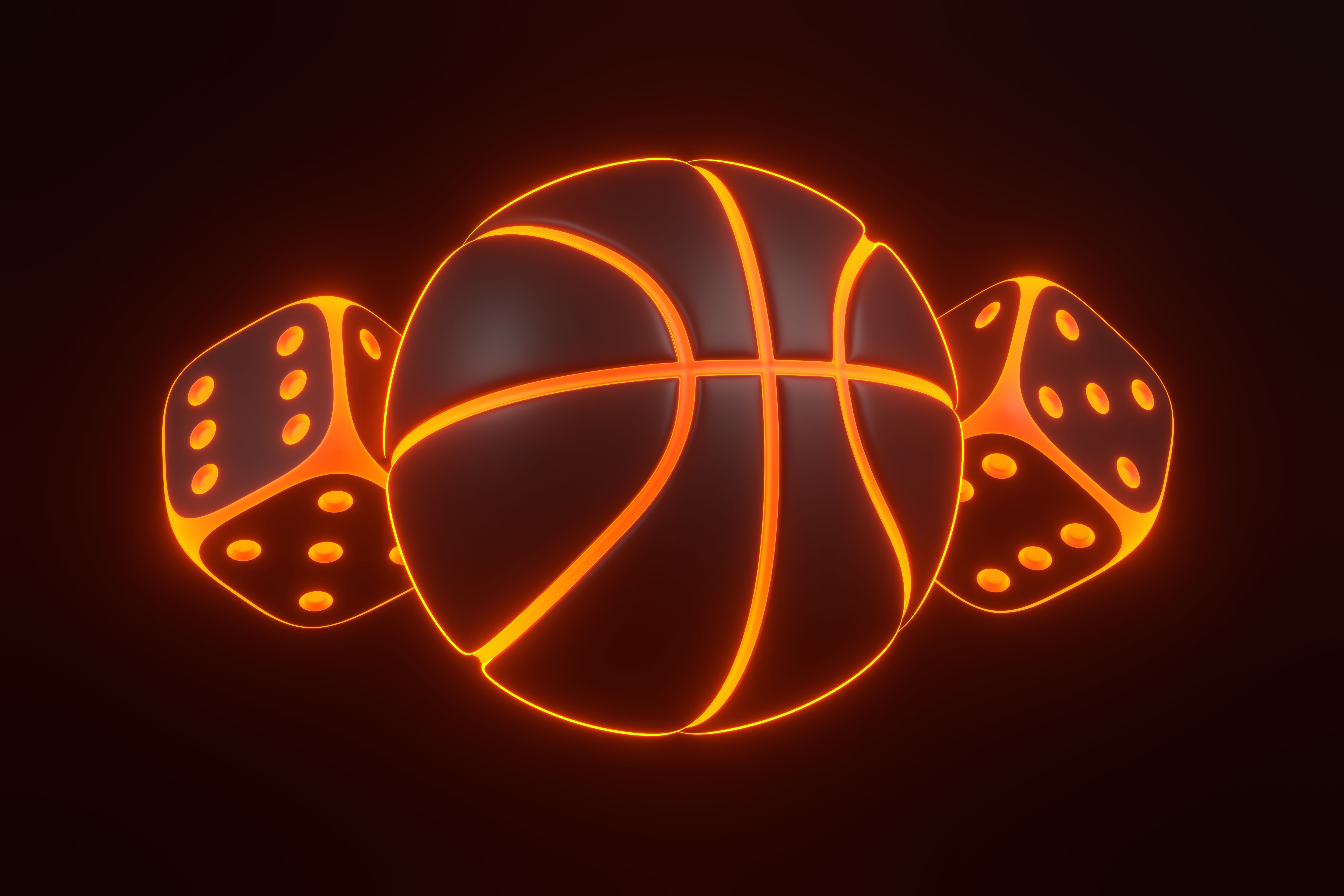 Neon Basketball and Dice on Dark Background. 3D render illustration