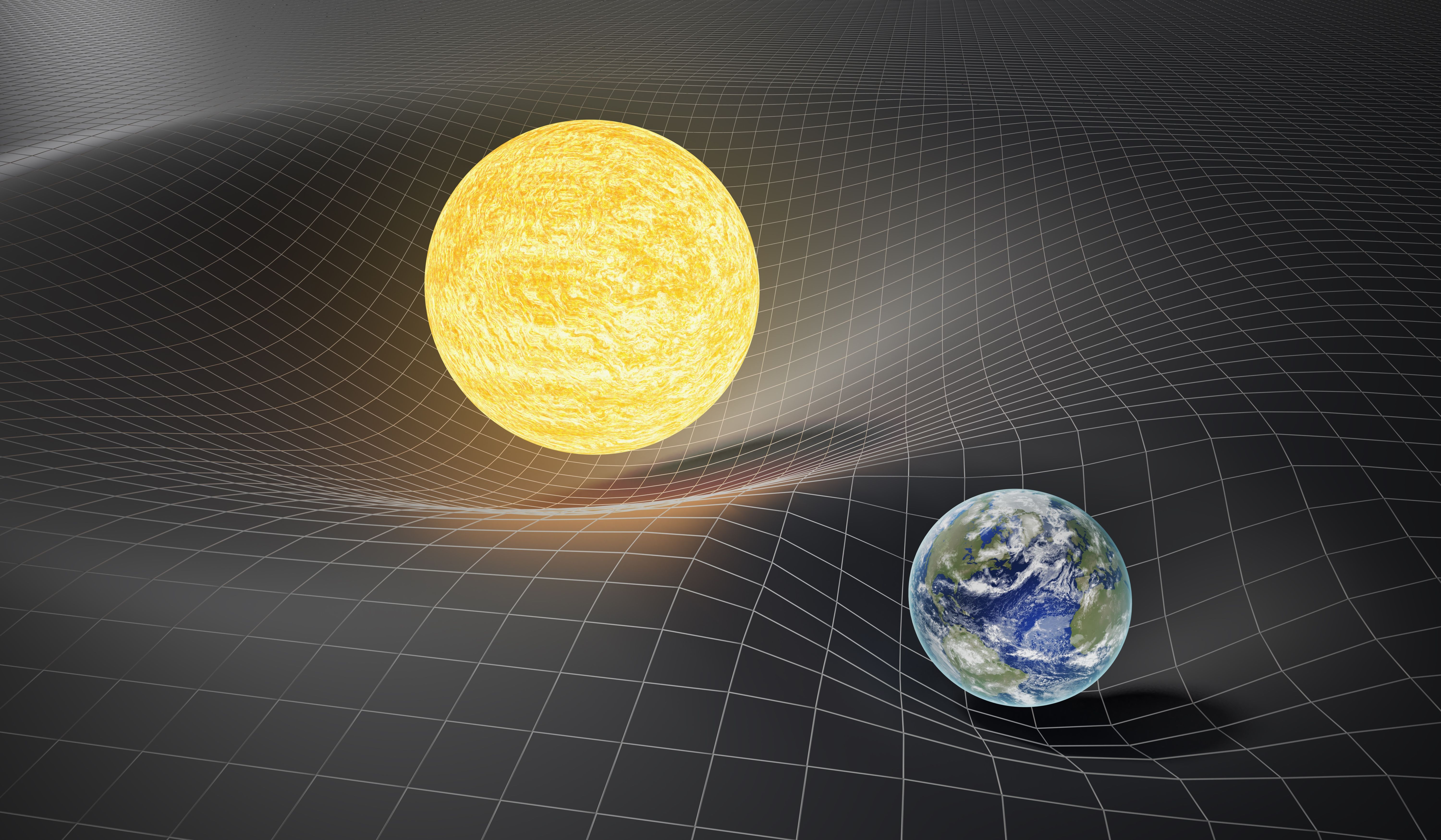 Gravity and general theory of relativity concept. Earth and Sun on distorted spacetime. 3D rendered illustration. Gravity and general theory of relativity concept. Earth and Sun on distorted spacetime. 3D rendered illustration.