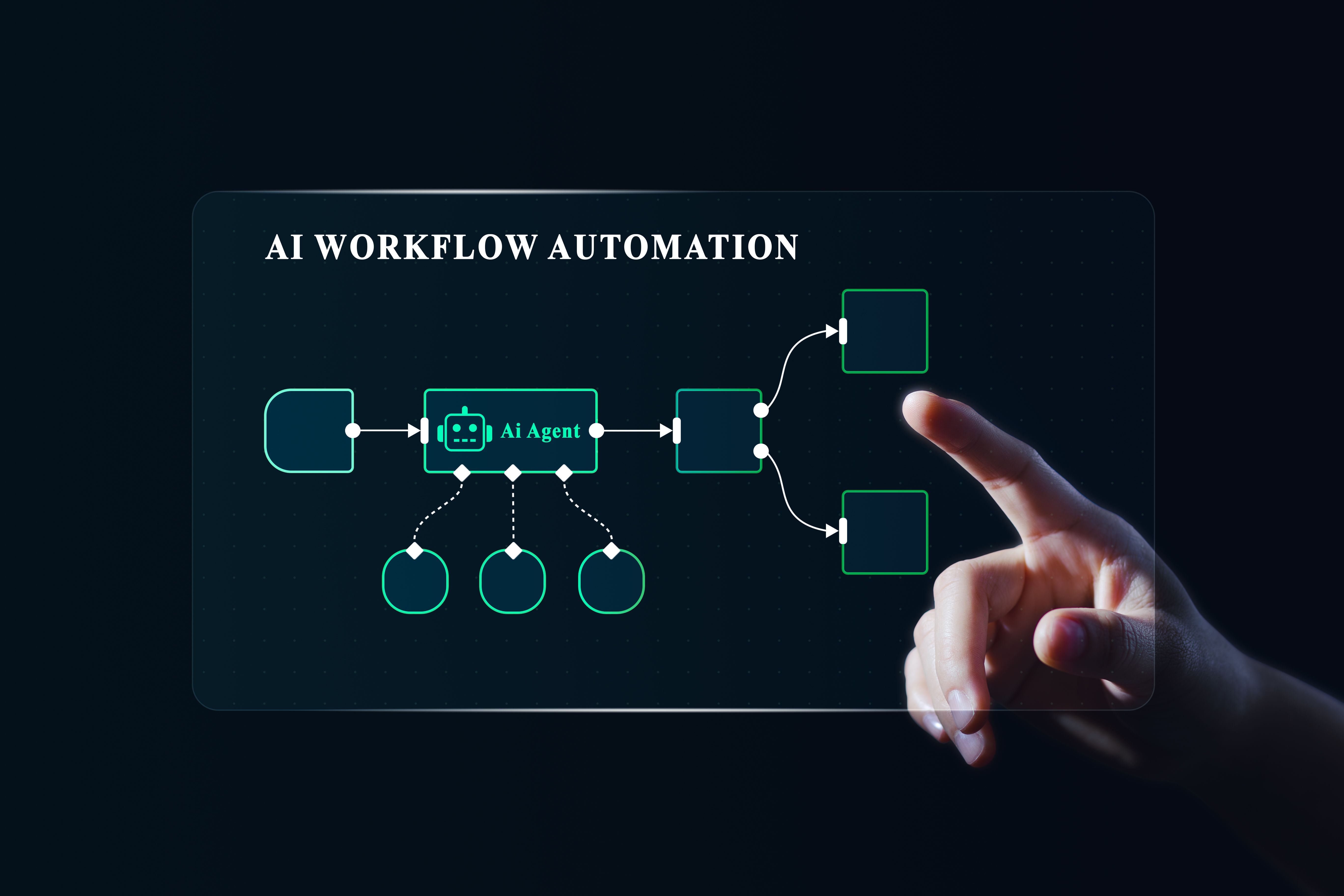 AI workflow automation interface with digital agent system and hand interaction  futuristic business technology concept.
