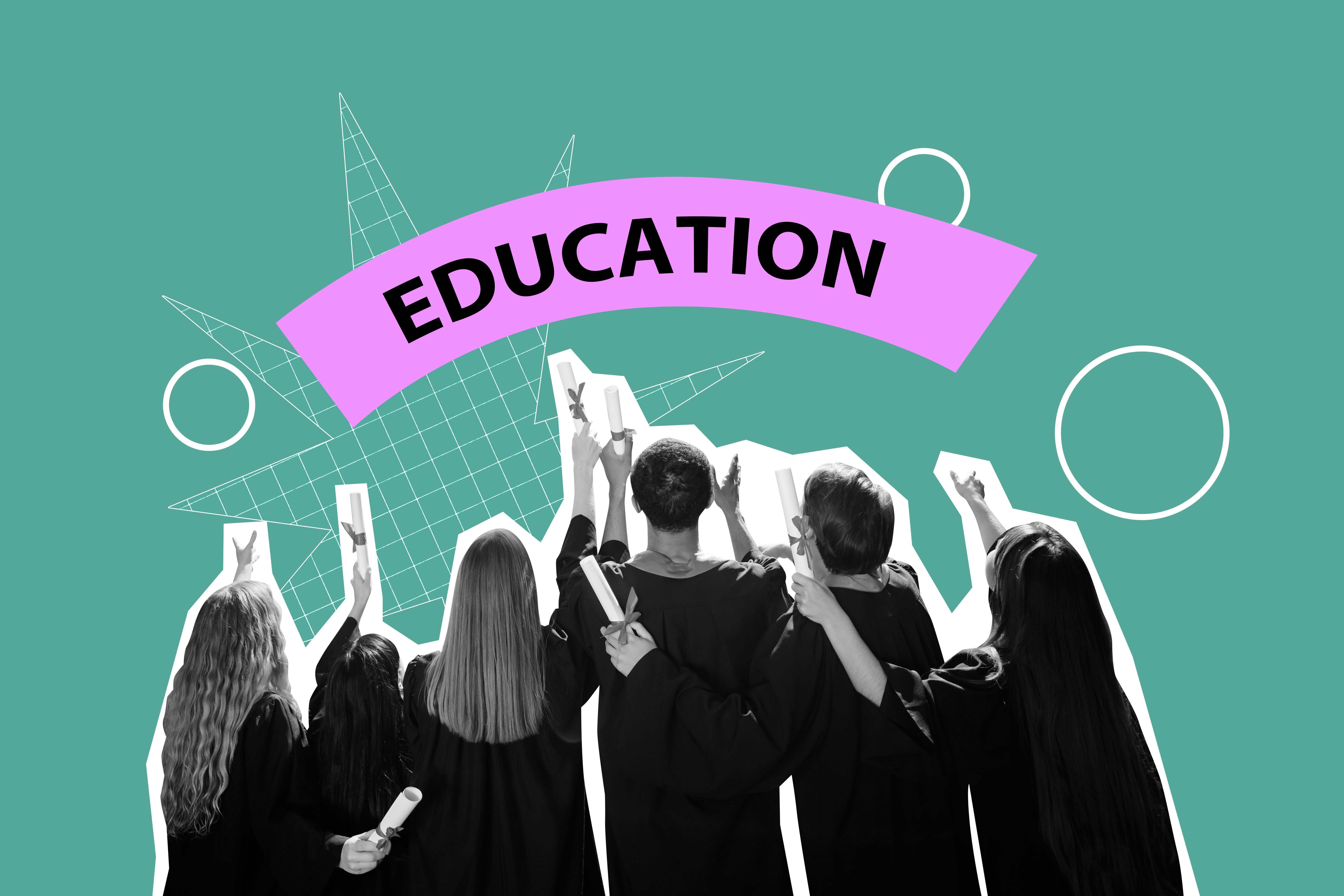 Trend artwork composite banner photo collage of education banner college diploma study university success team crowd man lady stand back