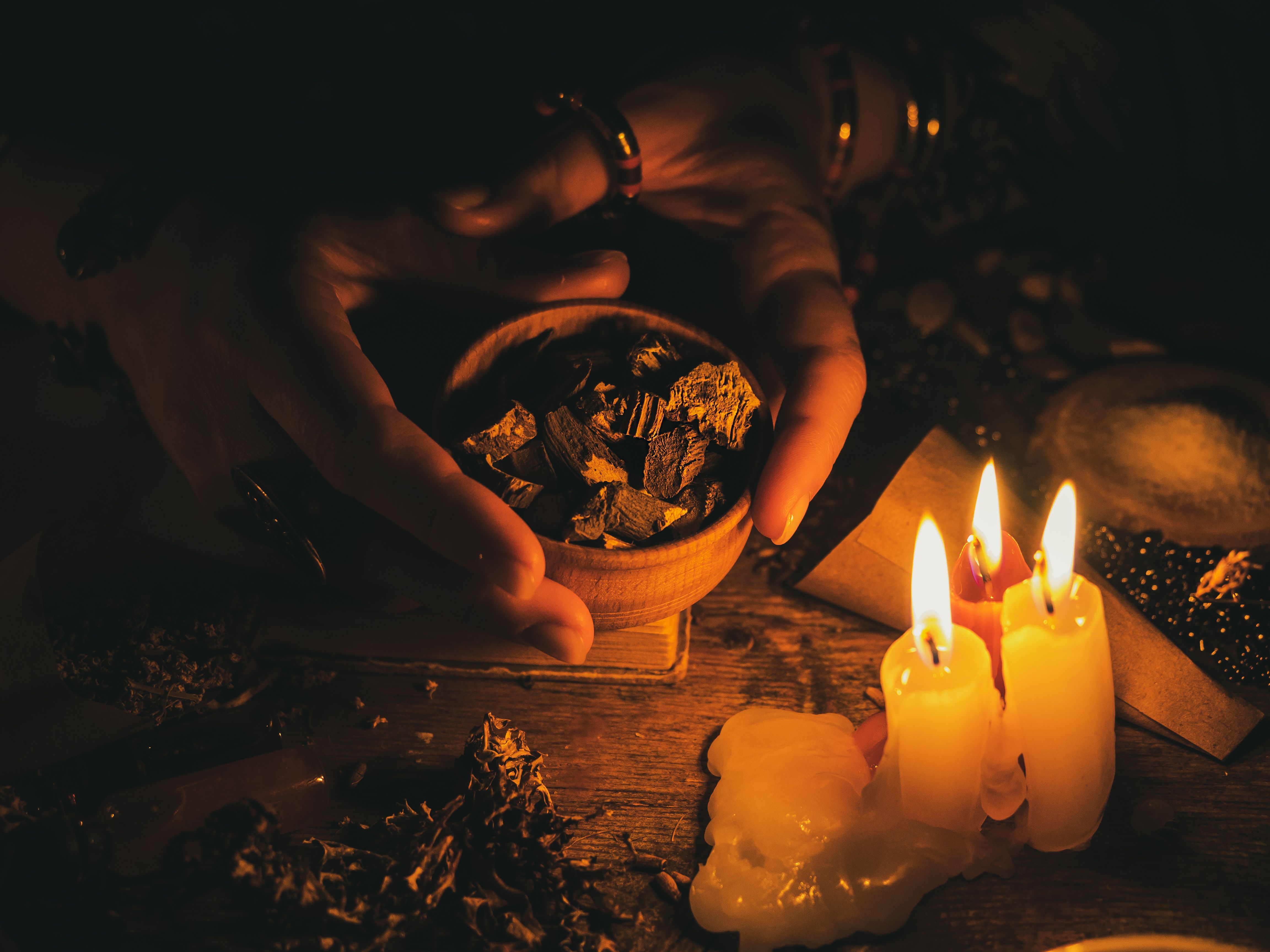 In the hands of the witches roots from plants for divination. The light from the candles on the old magic table. Attributes of occultism and magic