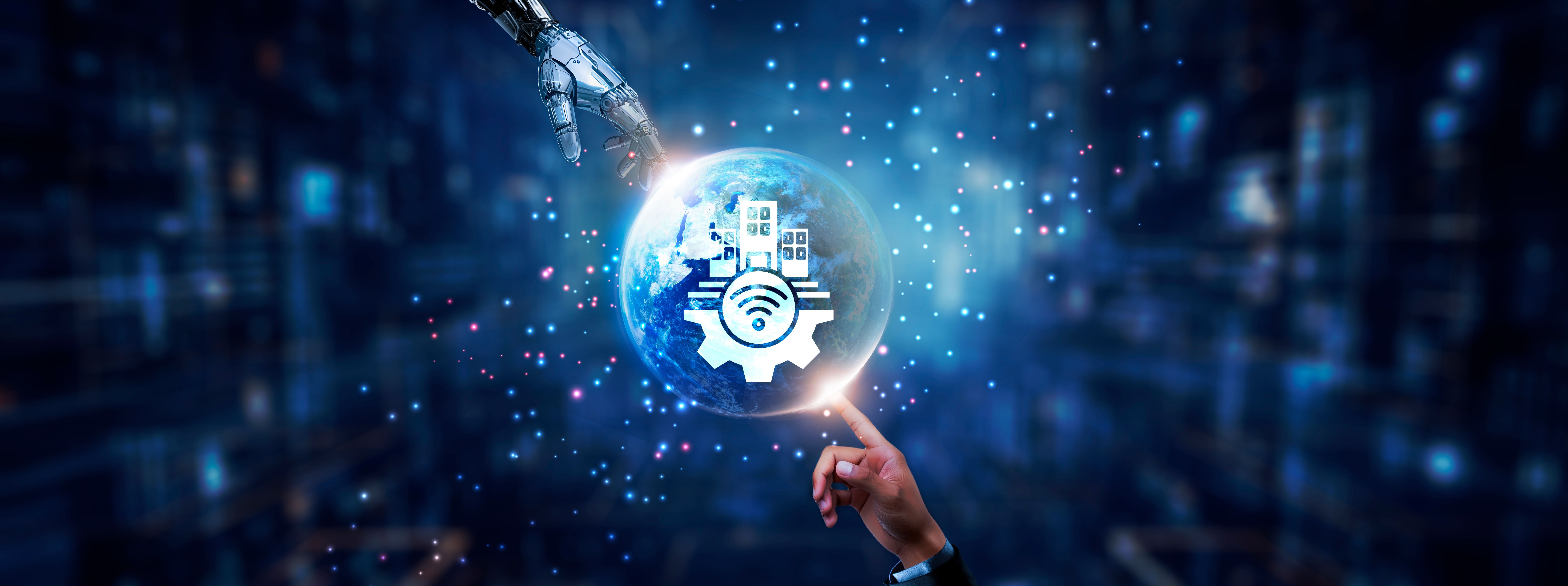Hands of robot and human touching on smart building technology icon global network connection, energy efficiency, IoT integration, sustainable infrastructure, and artificial intelligence technology.