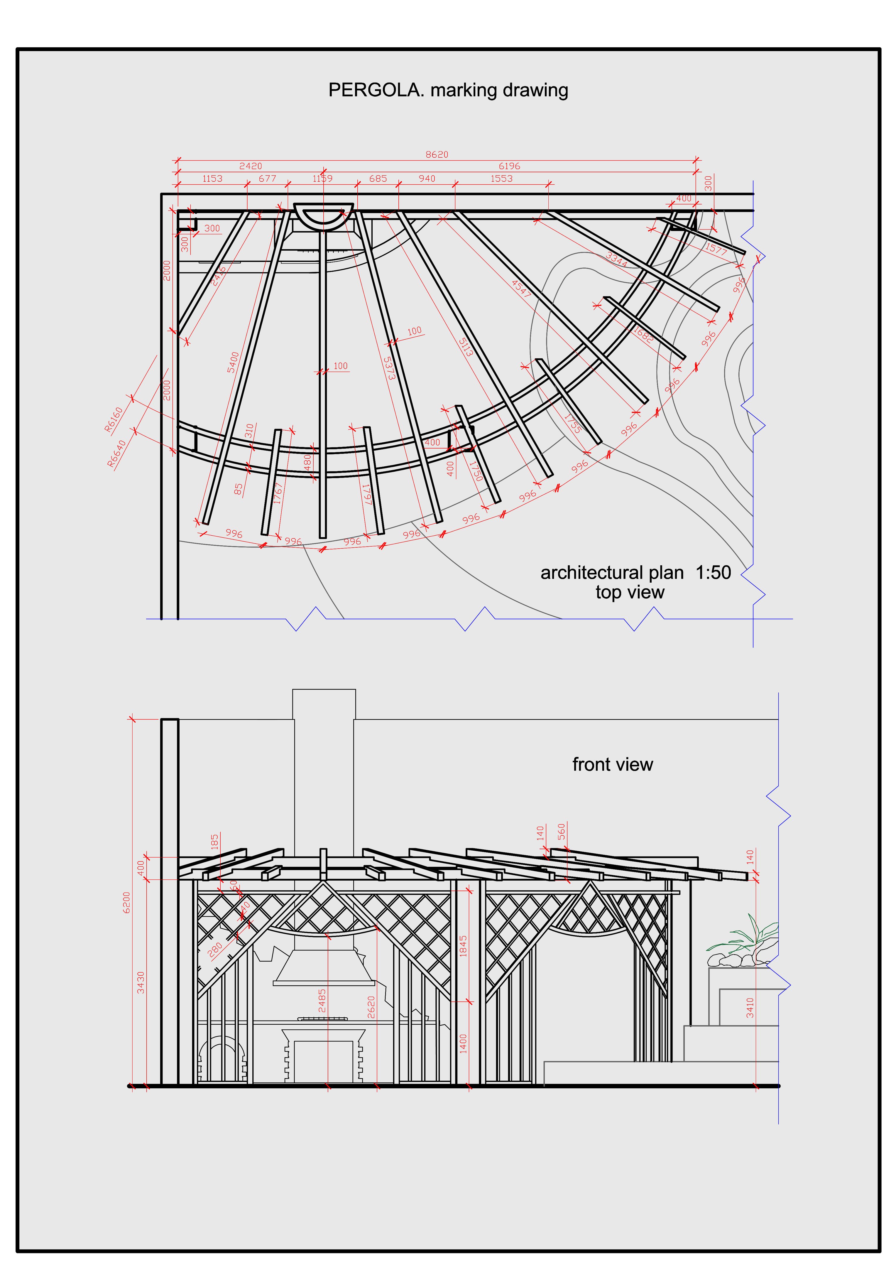 Detailed illustration of patio pergola and fireplace Detailed illustration of patio pergola and fireplace