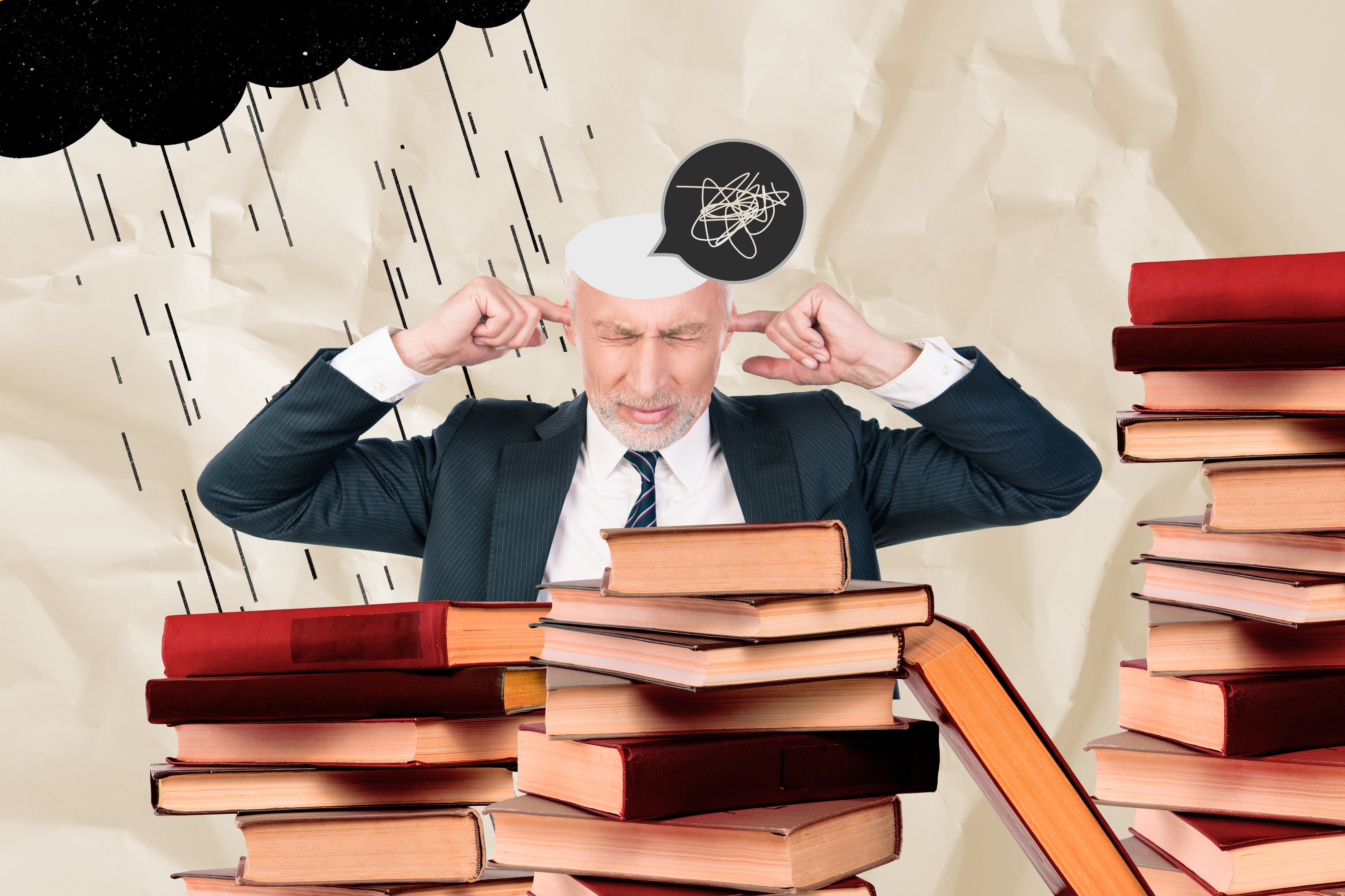 Trend artwork composite sketch 3D collage of copyspace library education room pile book dark cloud rain sad old man deaf lector university