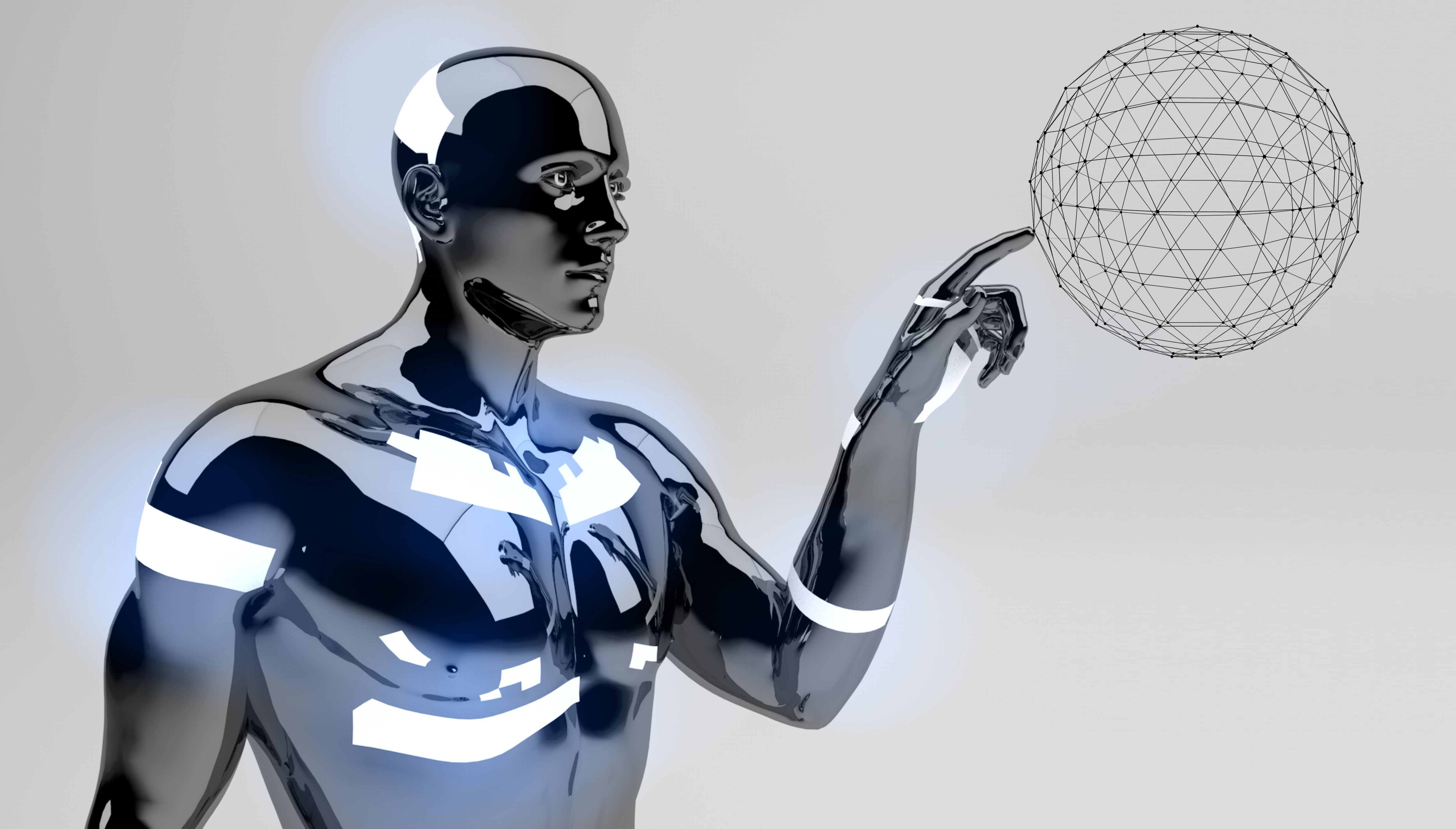 Metallic Robot Touches Virtual Globe with Finger