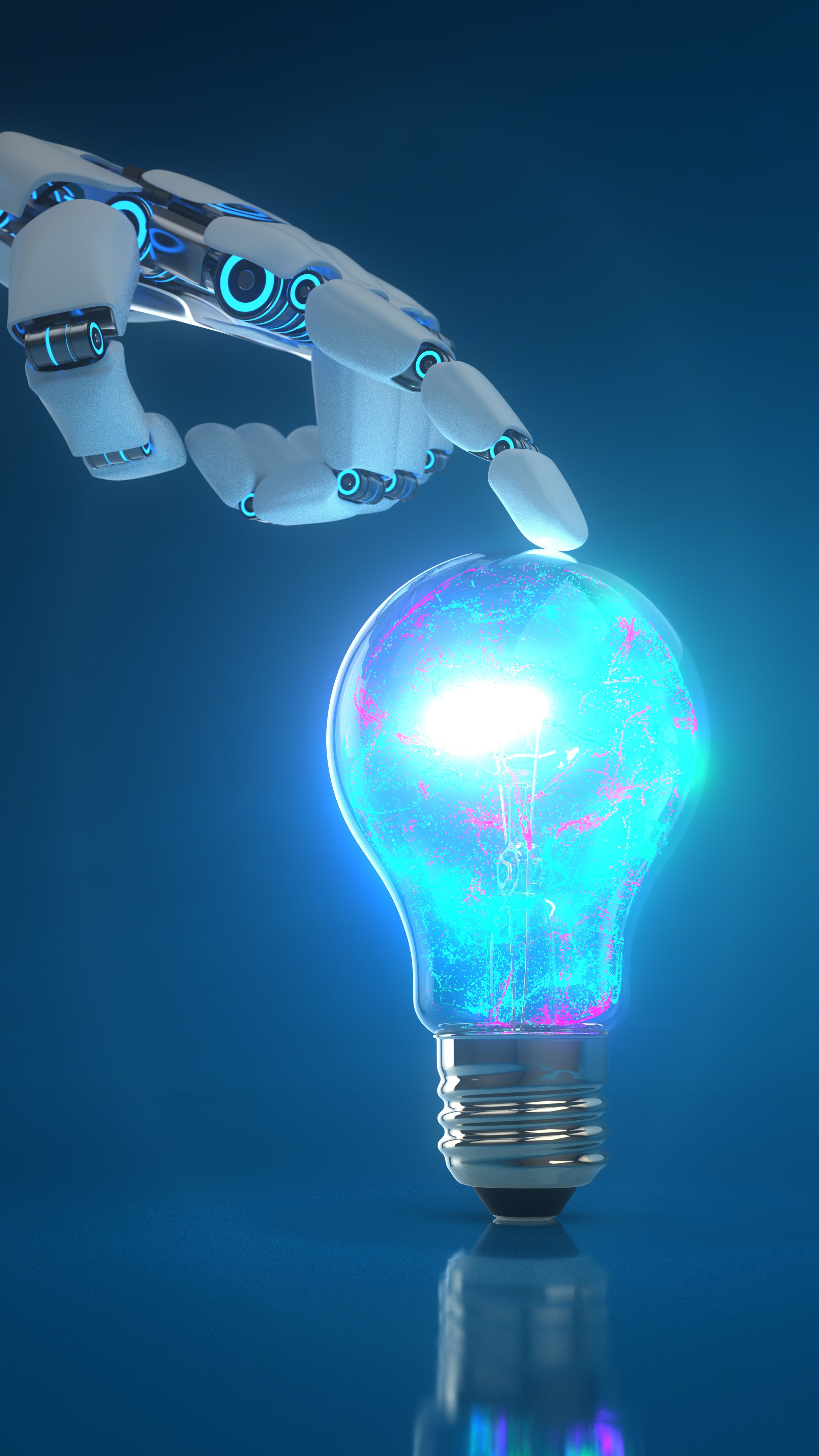3D illustration, Humanoid Robot Hand Lightbulb