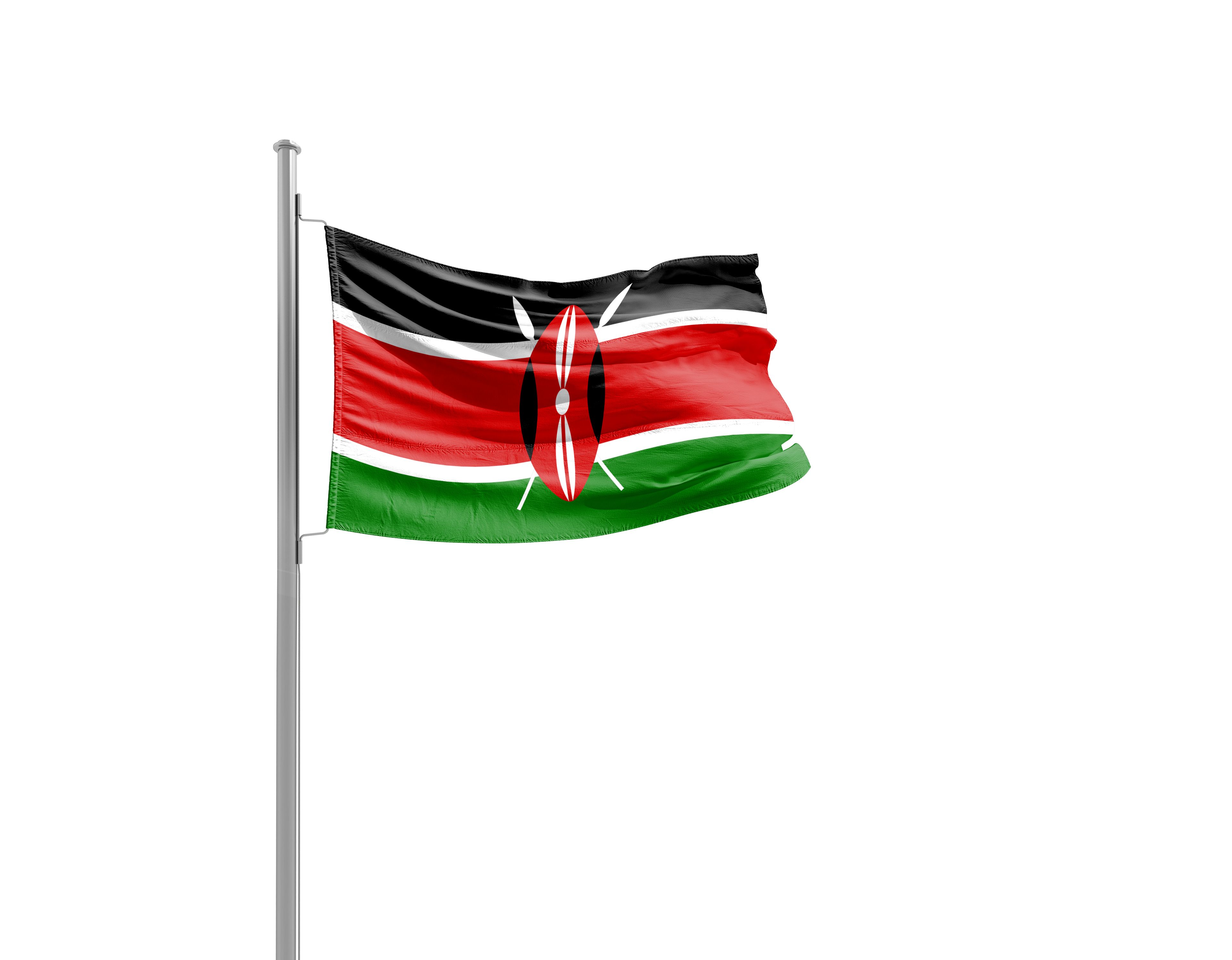 Kenya national flag waving isolated on white background with clipping path.