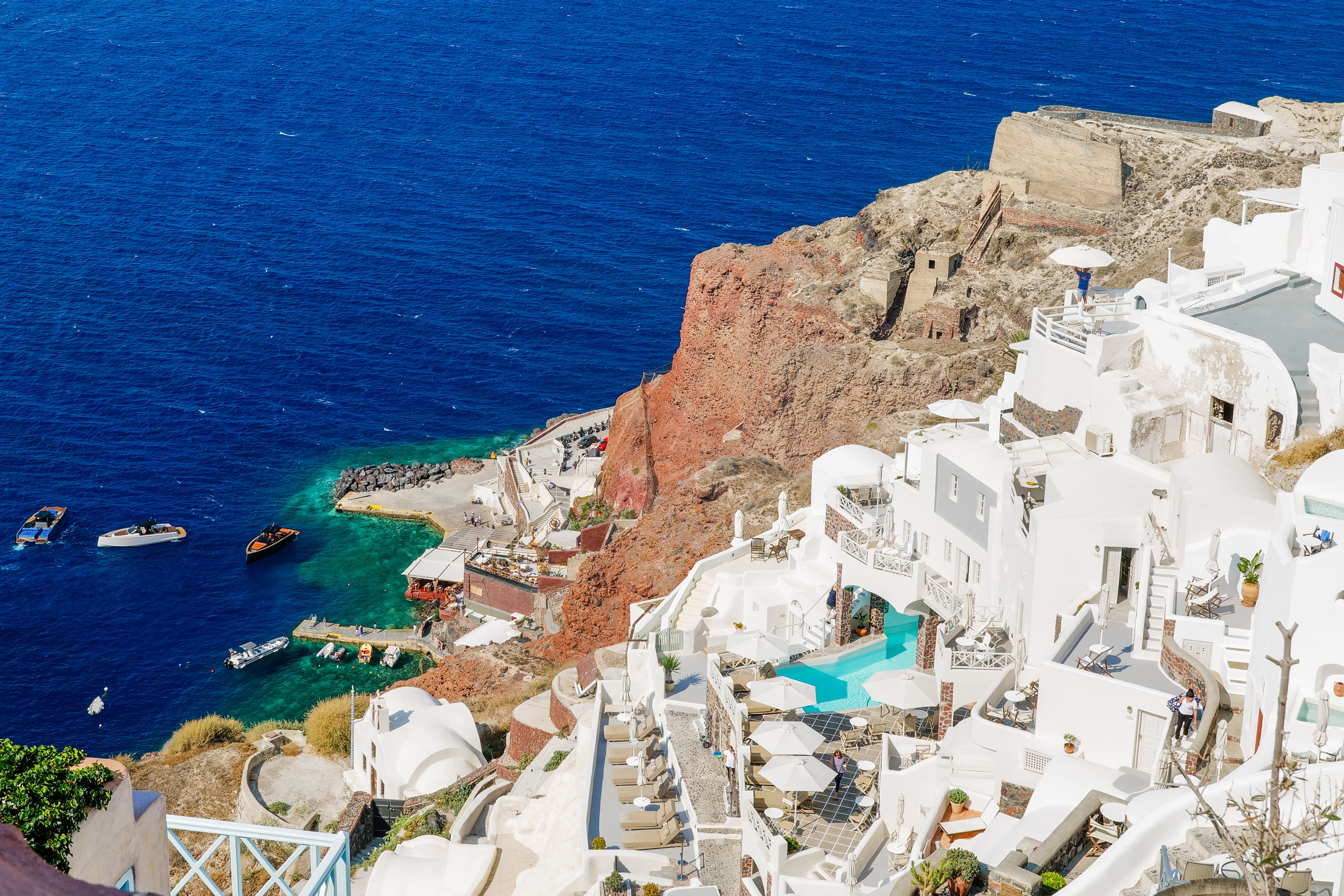 Bird's-eye view of Amoudi Bay and the Santorini Cliffs
