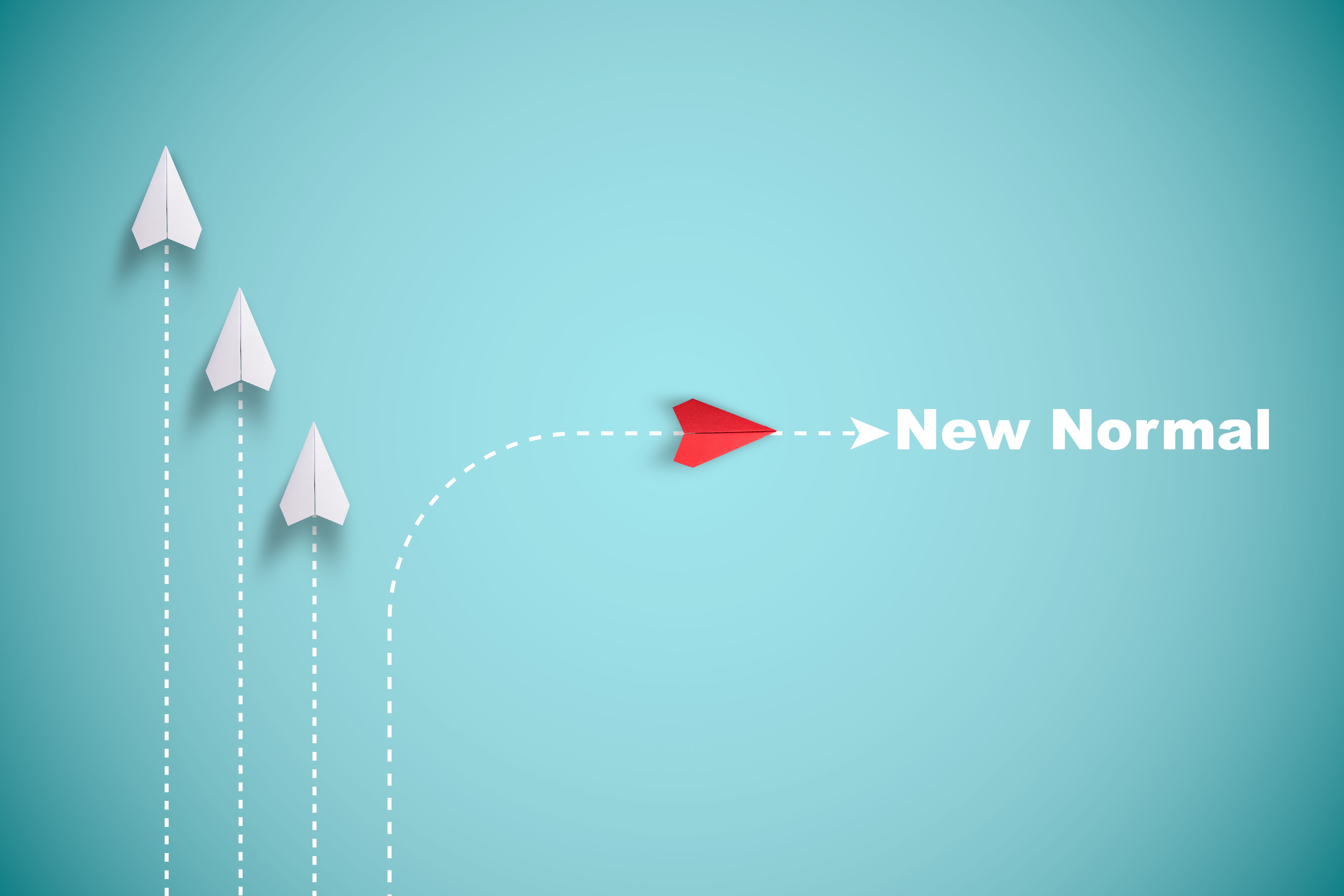 Red paper plane out of line with white paper to change disrupt and finding new normal way on blue background. Lift and business creativity new idea to discovery innovation technology.