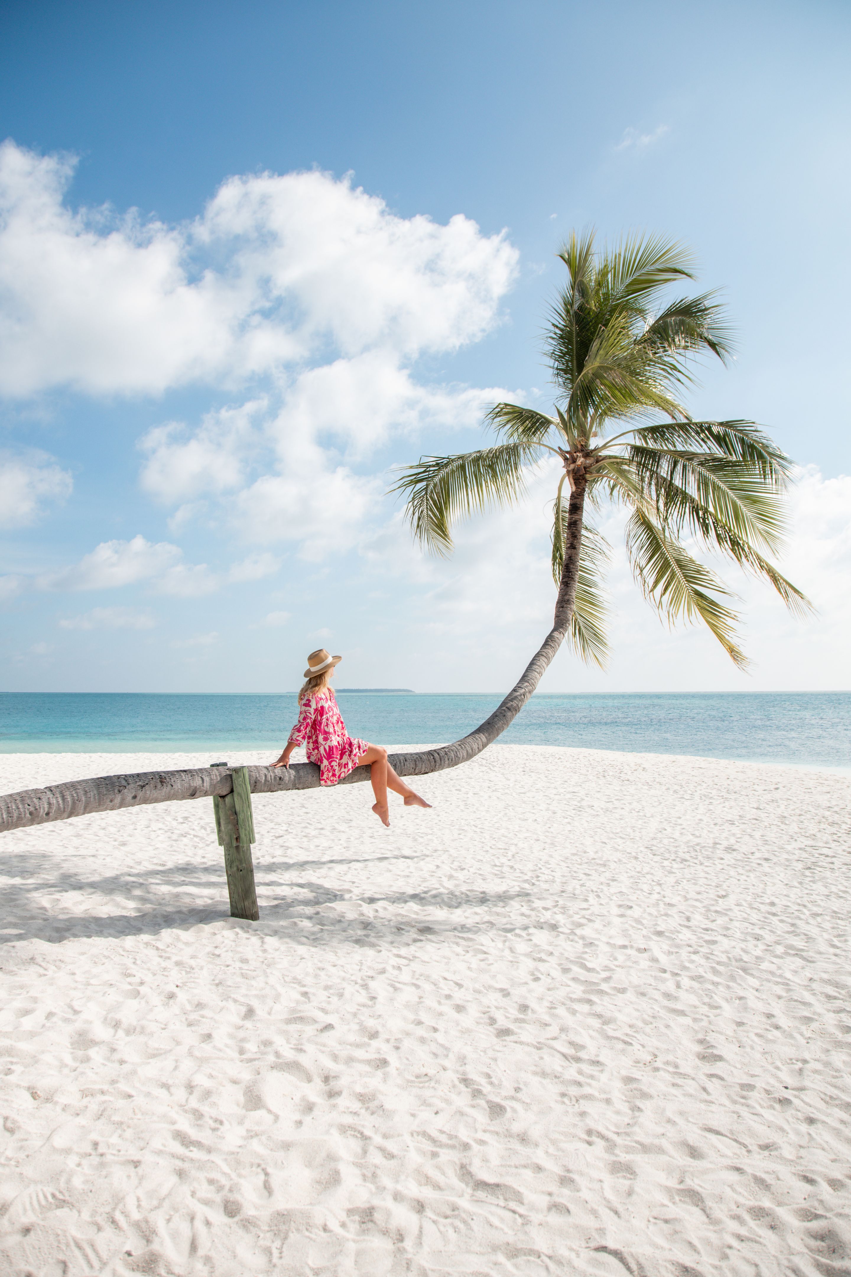 Blonde woman sitting on palm tree in  tropical luxury Maldives beach resort on sunny beach holiday