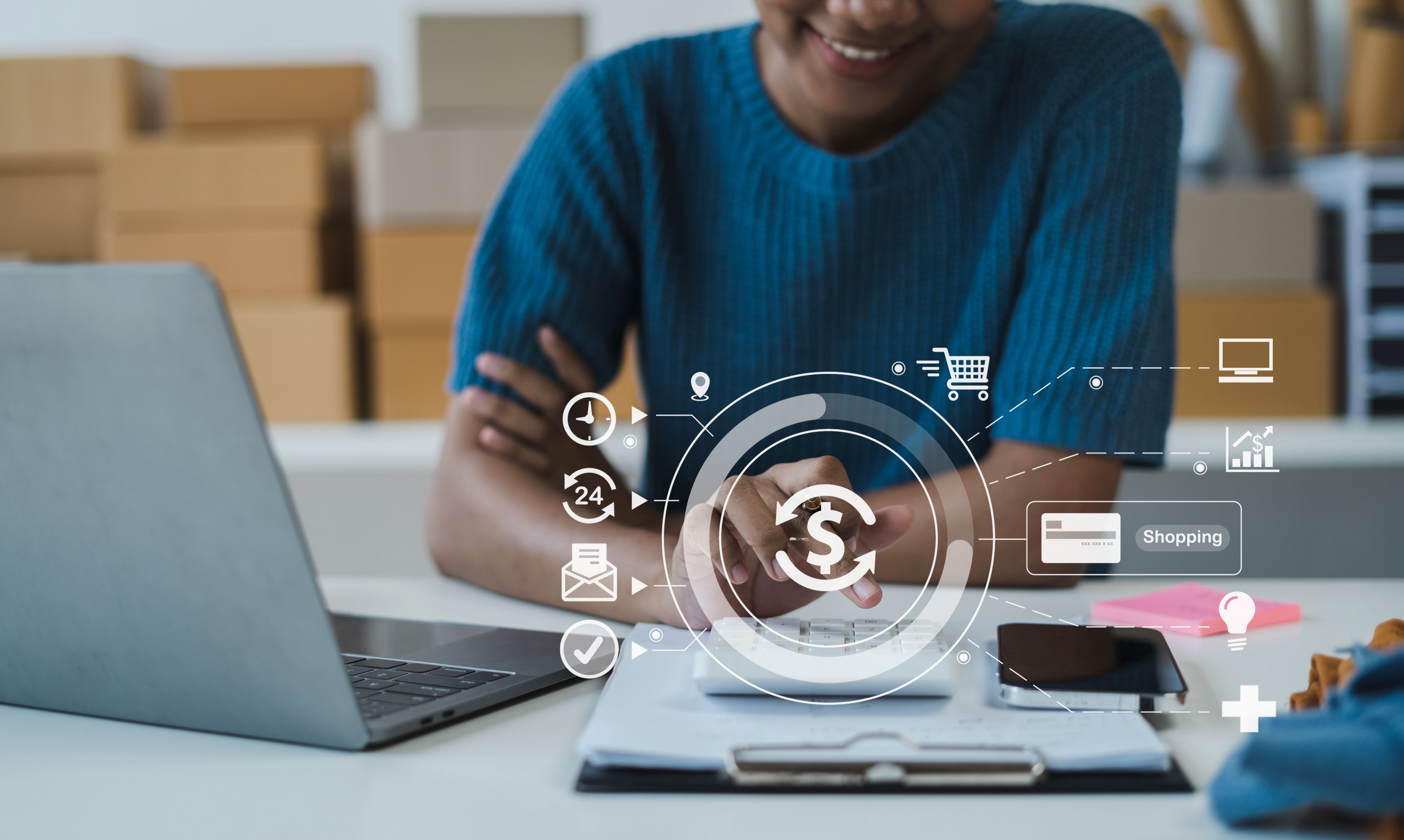 Entrepreneur using calculator in her hand, calculating financial expense at home office, online market packing box delivery,Startup successful small business owner, SME, concept.