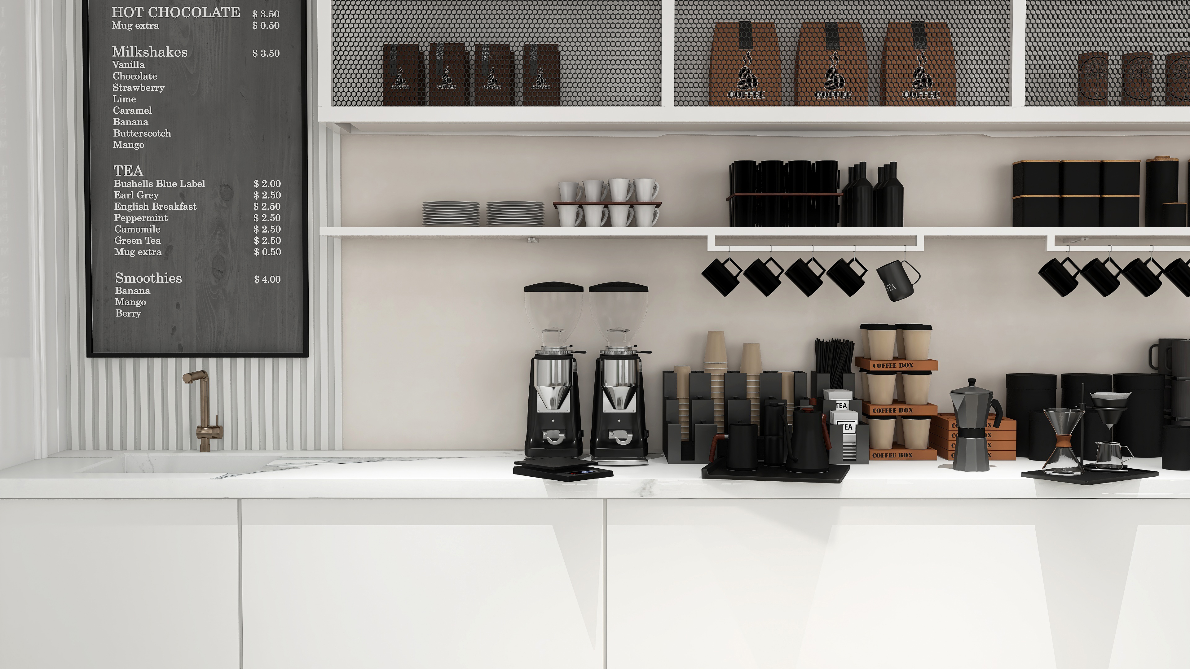 Modern, luxury design cafe counter, white marble top with sink, grinder, coffee up, moka pot, shelf, cupboard on beige wall with corrugated wood panel and drink menu board Modern, luxury design cafe counter, white marble top with sink, grinder, coffee up, moka pot, shelf, cupboard on beige wall with corrugated wood panel and drink menu board