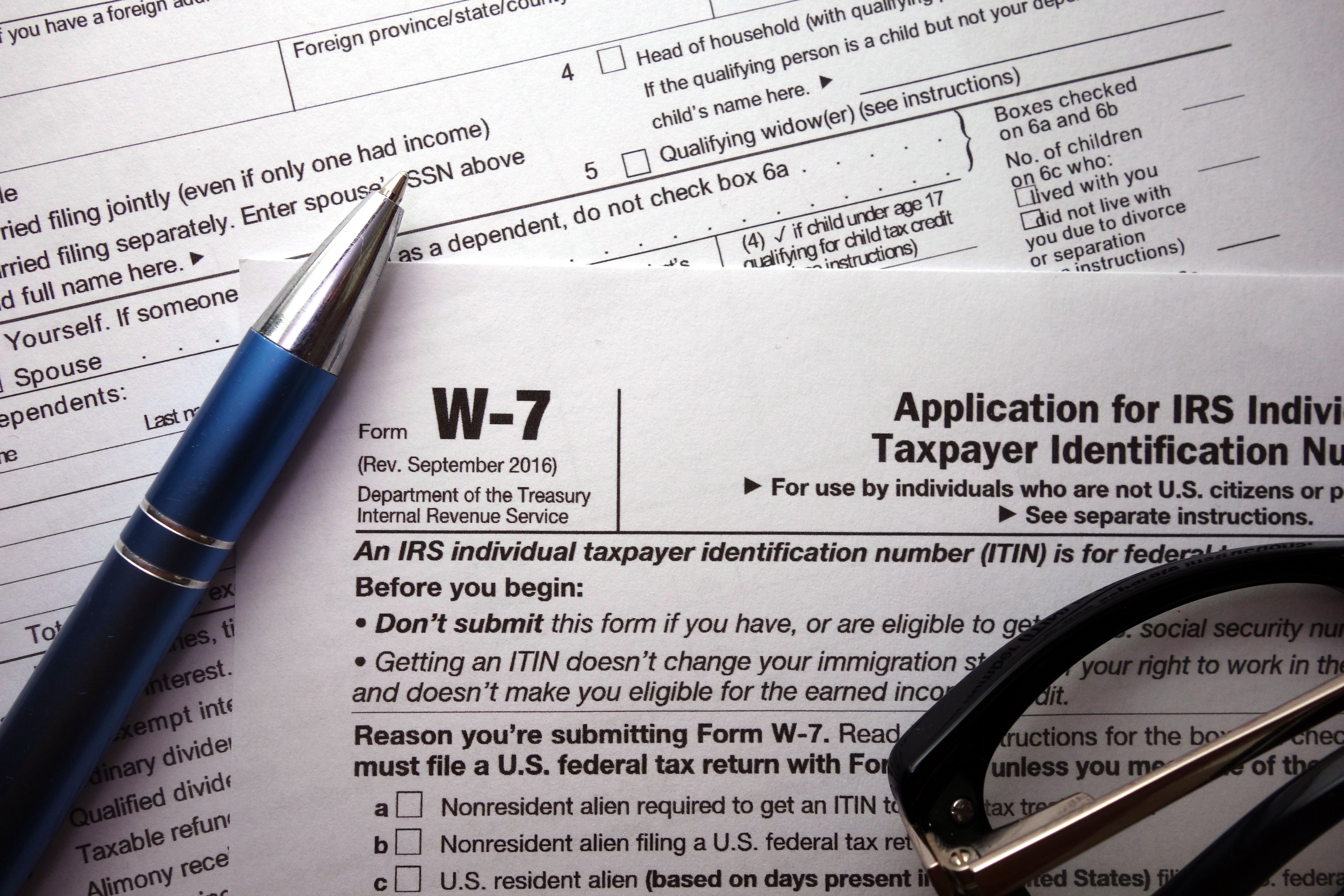 W-7 irs federal tax form closeup