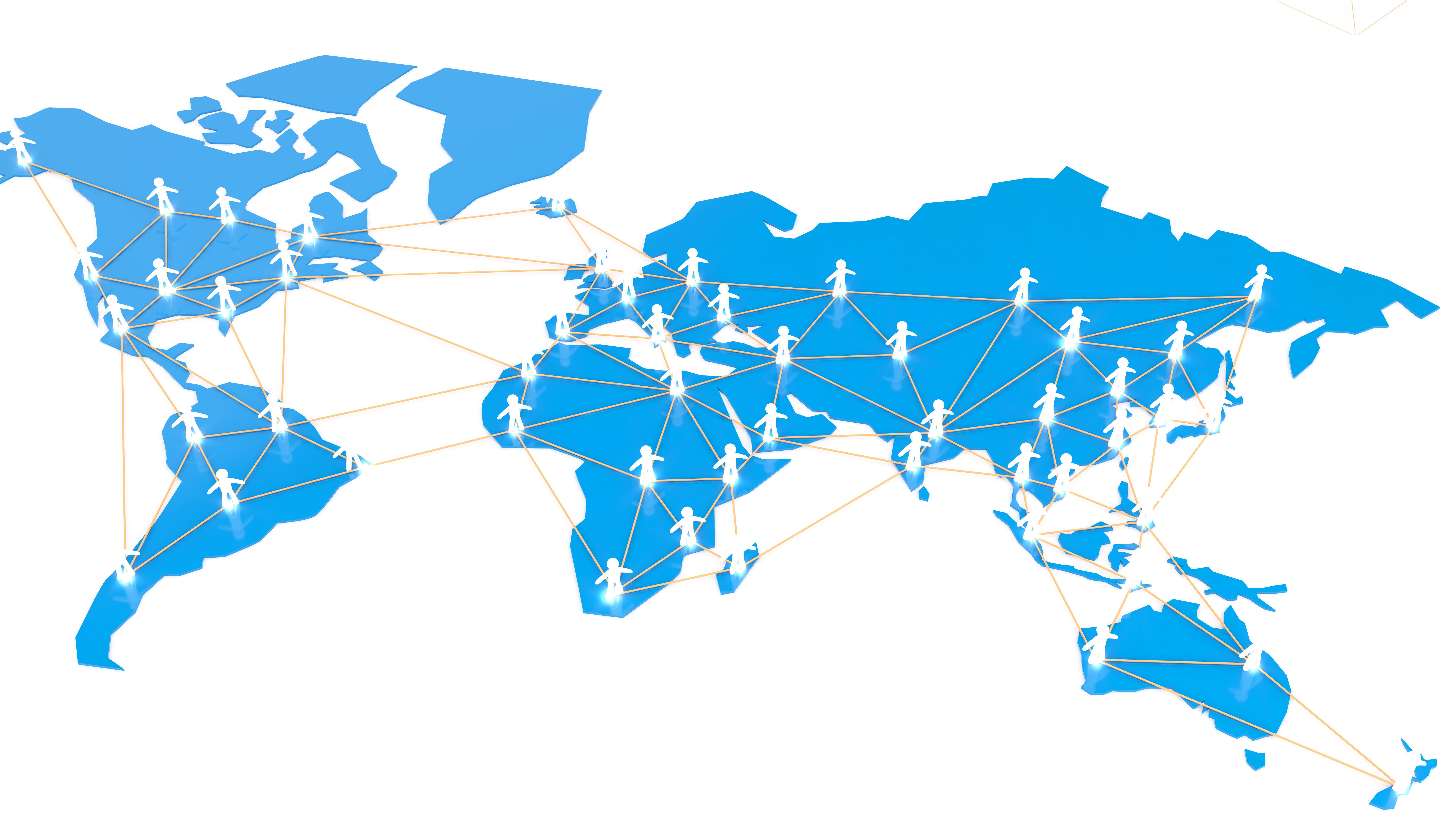 The collaboration system is a global network.,connecting people between countries,achieve common goals,3d rendering