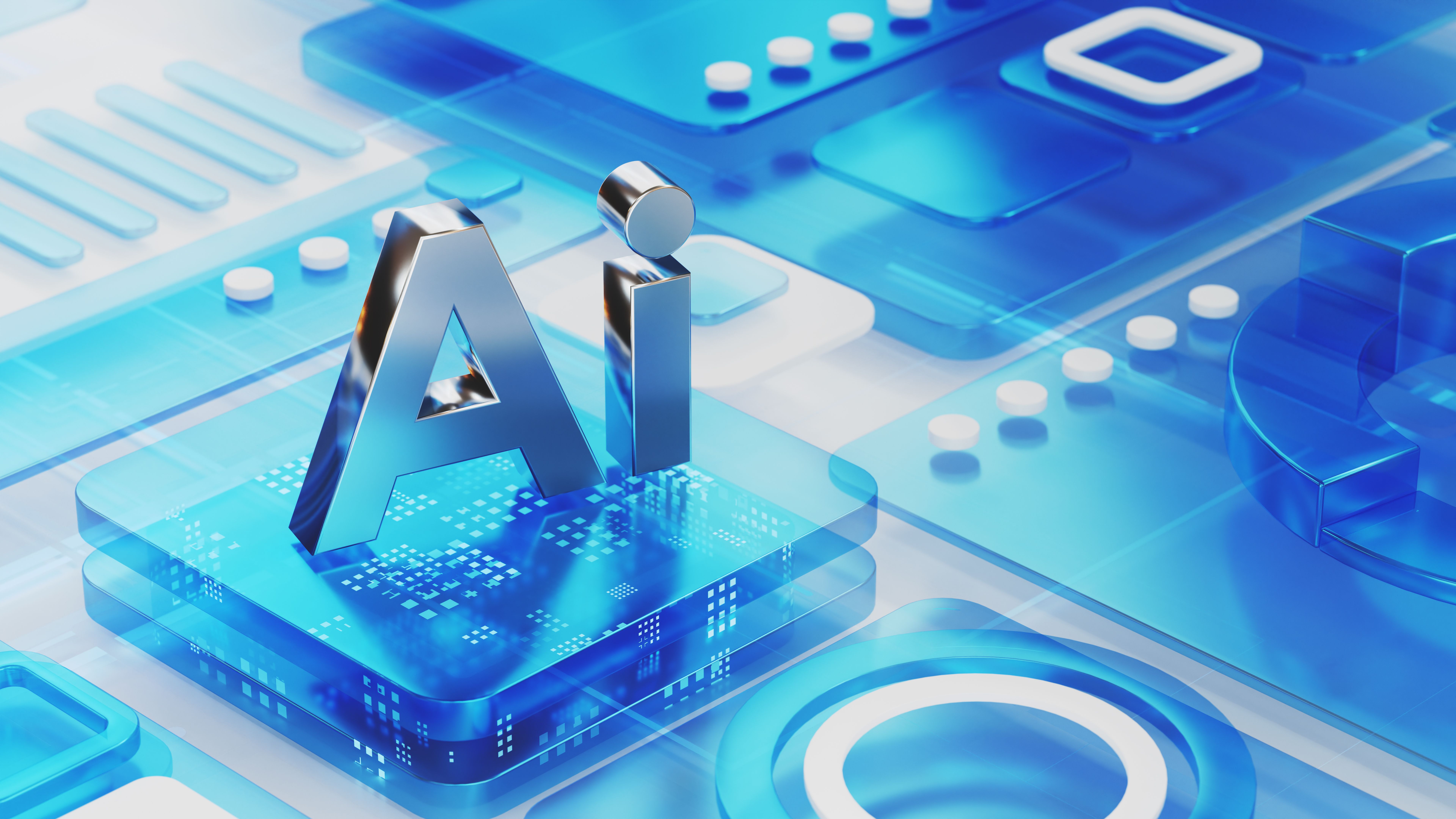 AI unit symbol. Power quantum Ai component on abstract chip, circuit board made with  an abstract soft transparent shapes in style of data charts