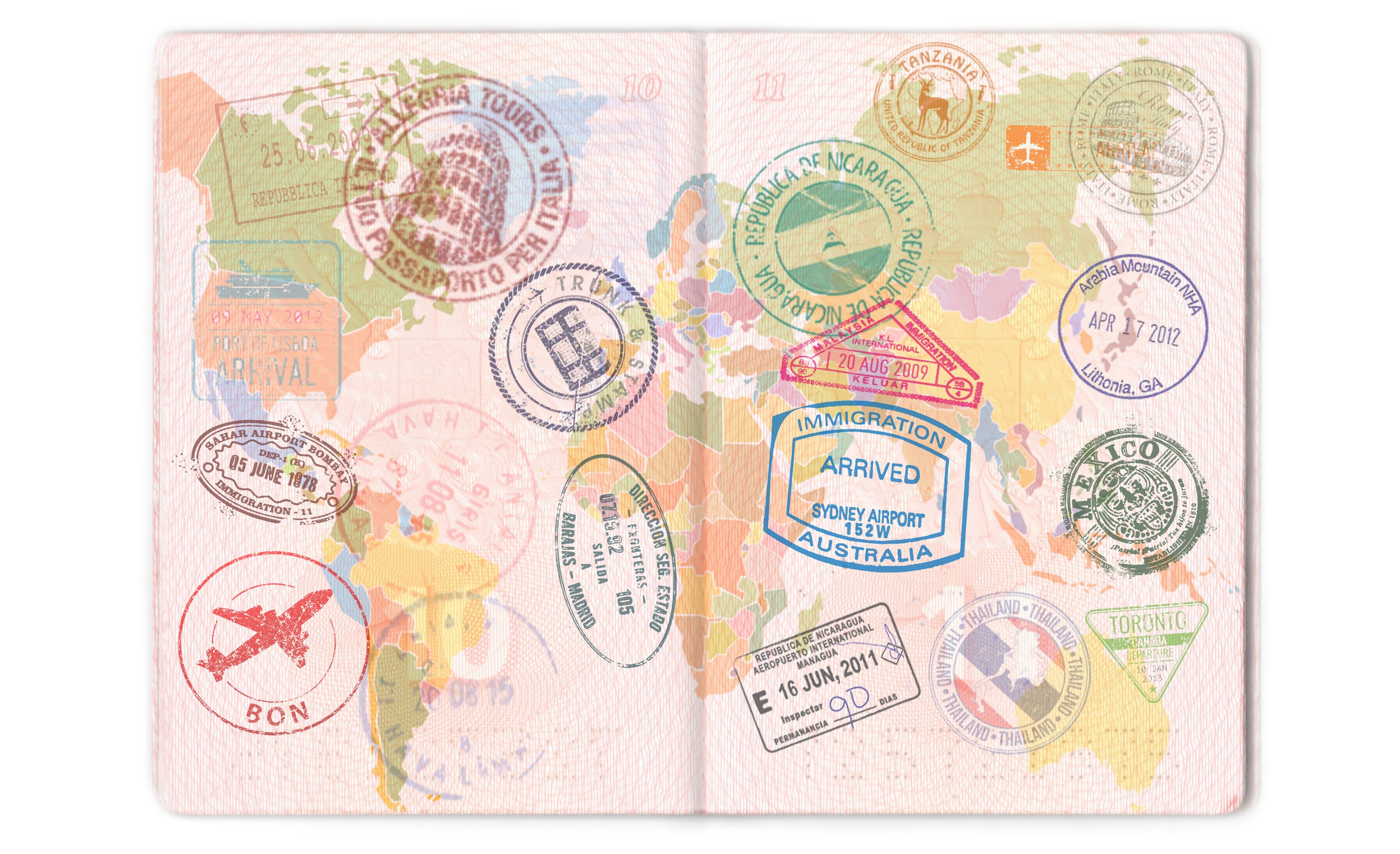 Visas, stamps, seals in the passport. World map, travel Visas, stamps, seals in the passport. World map, travel