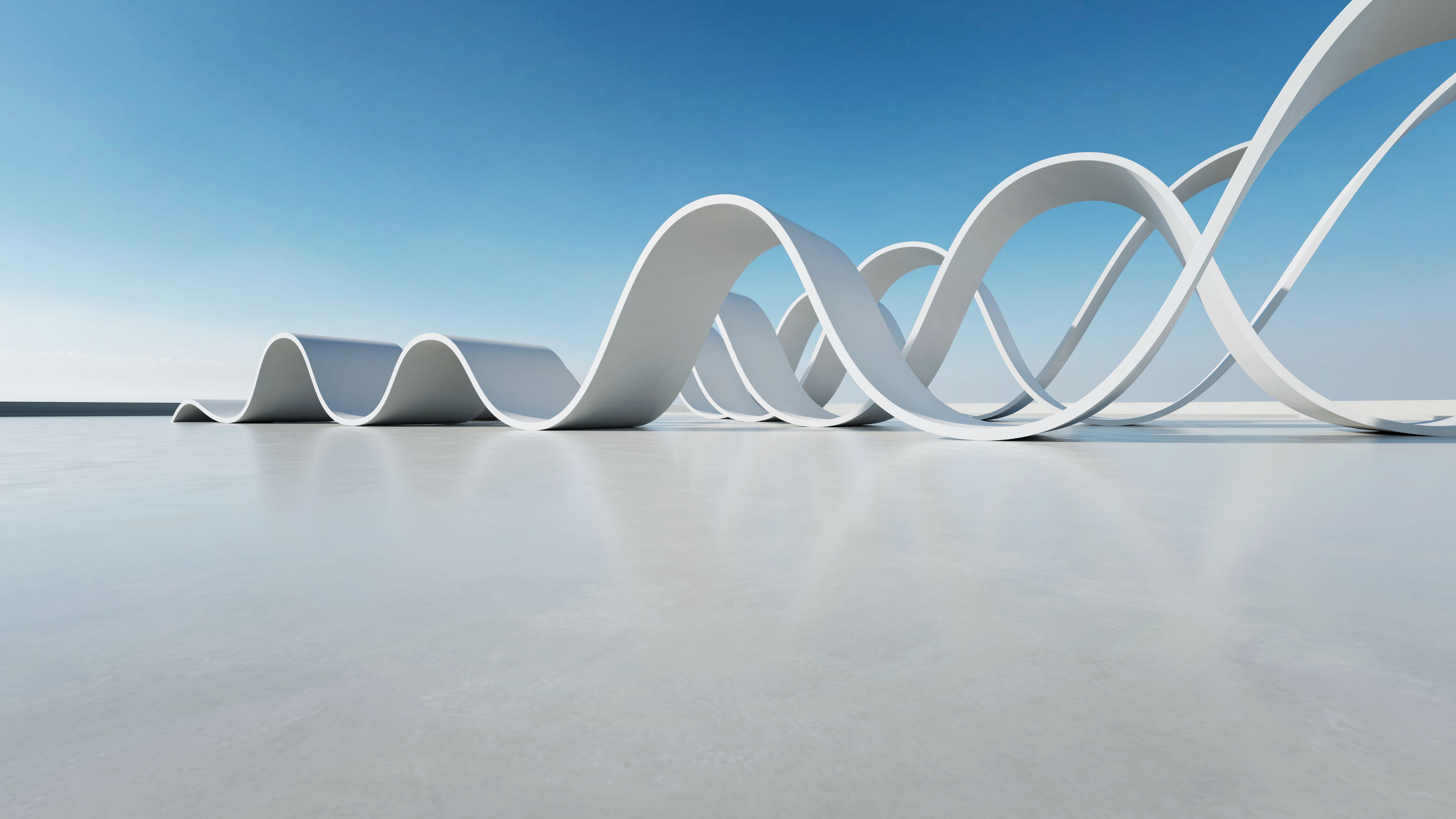 3d render of abstract wavy structure, futuristic architecture with empty concrete floor