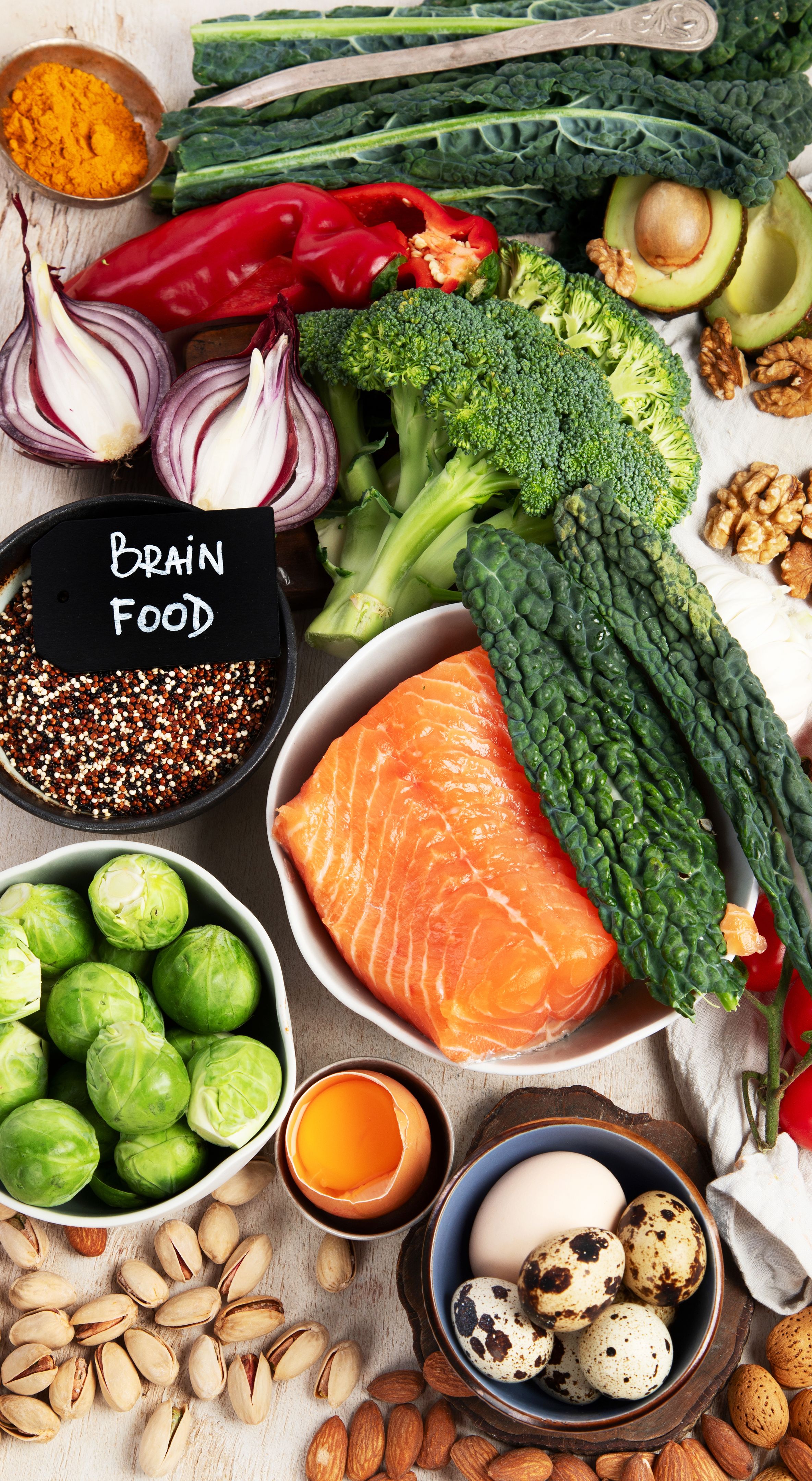 Food products representing the MIND diet, brain health.