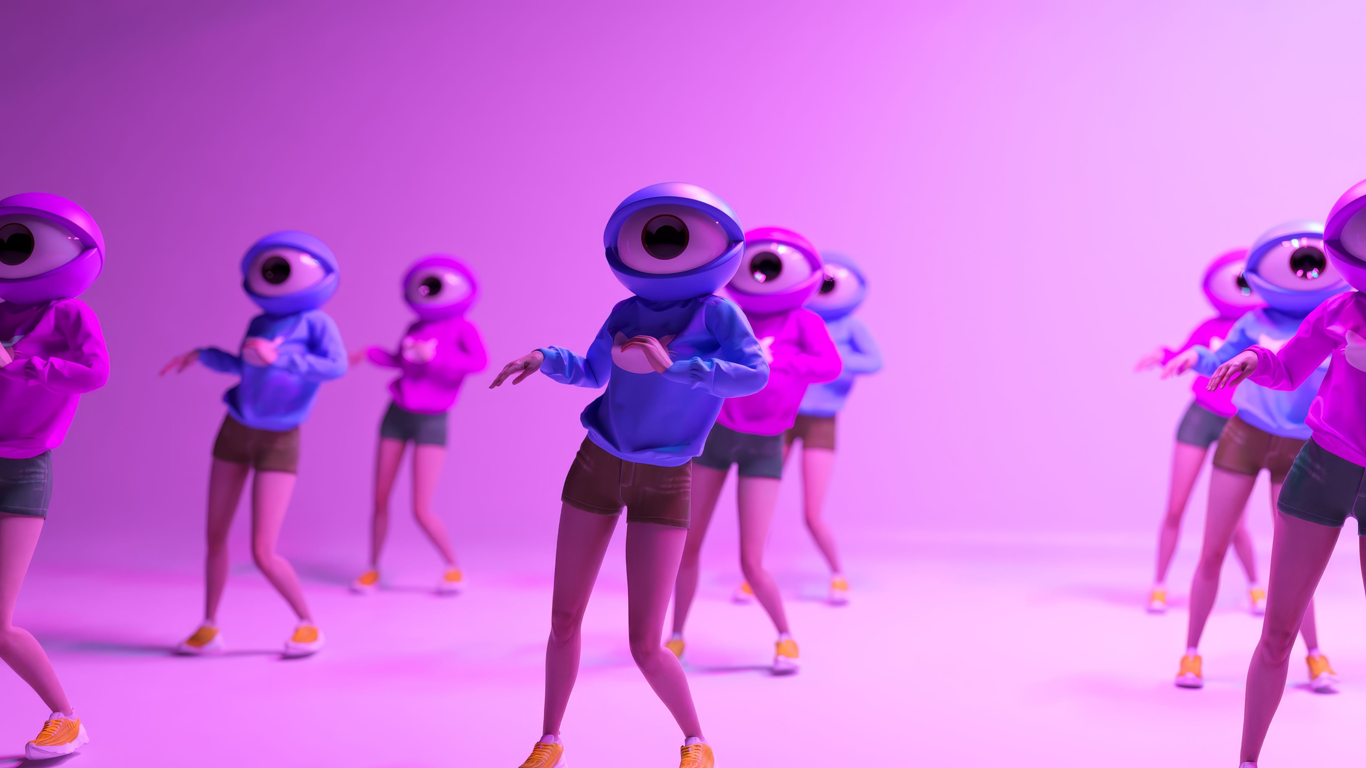 Cartoon characters with oversized eye-shaped heads performing dynamic dance routine on illuminated stage. Creating surreal visual experience through vibrant 3d animation and imaginative choreography