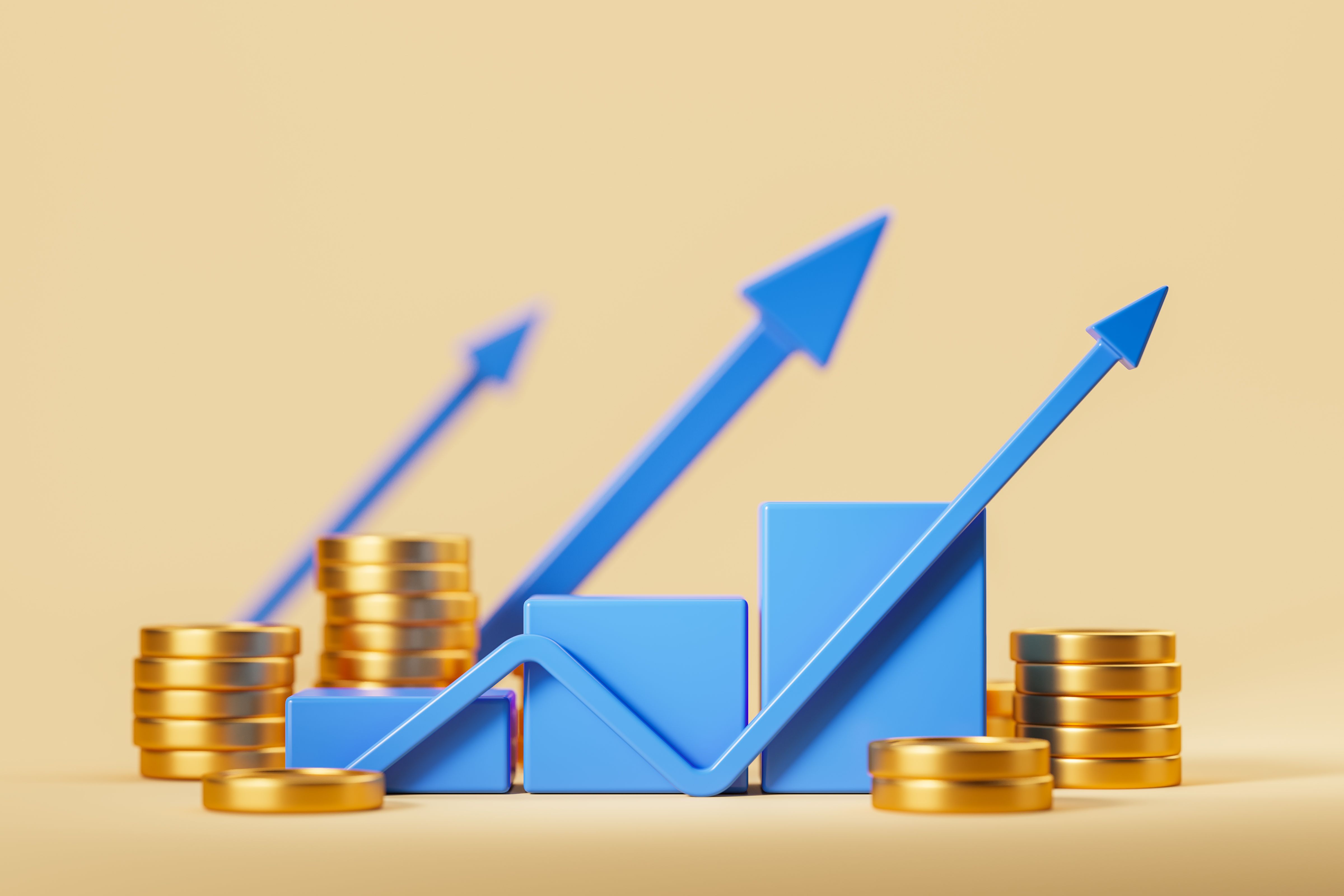 Blue bar chart with gold coins, rising arrow. Profit and income concept
