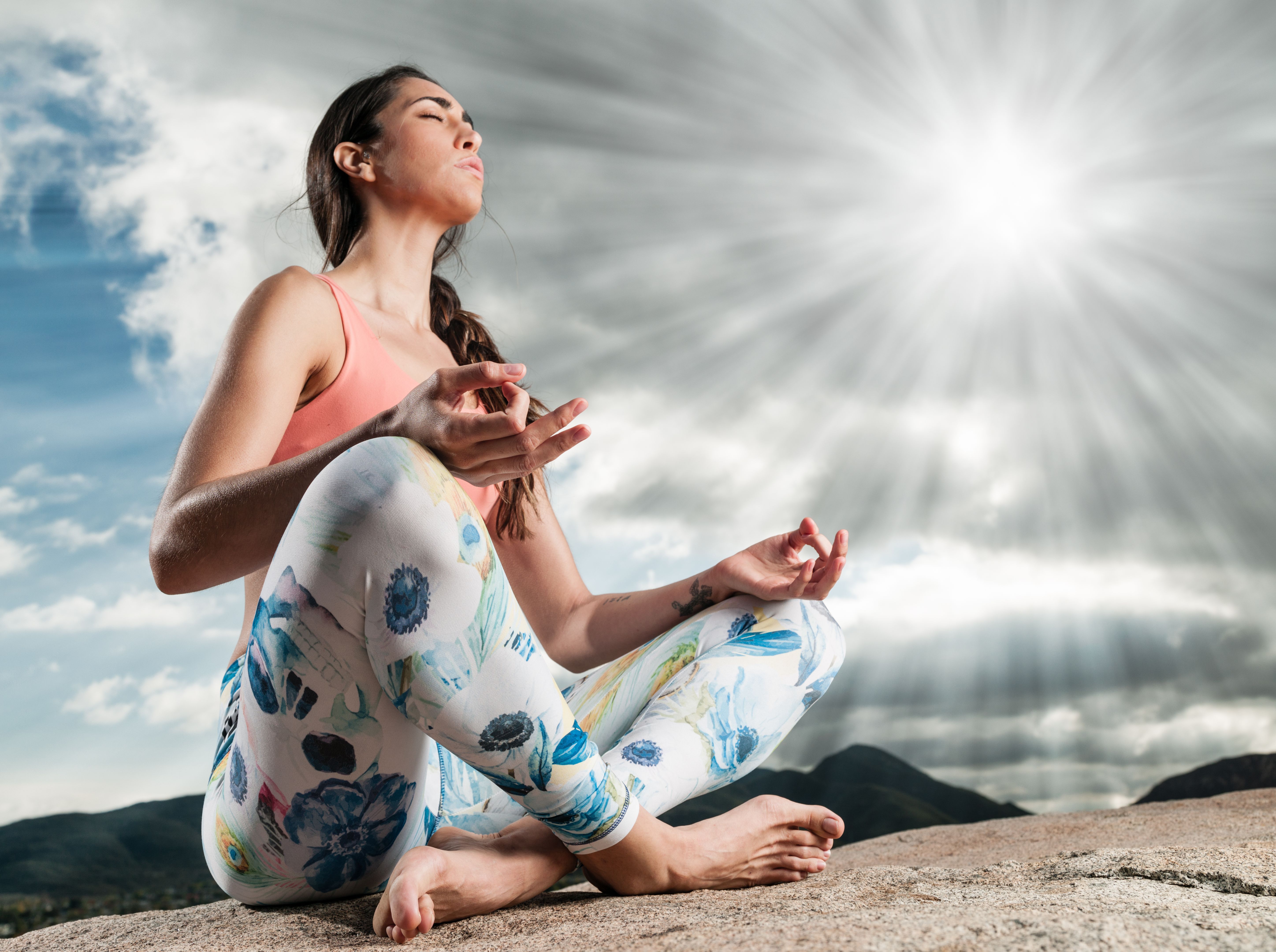 Hispanic Women Doing Yoga In Nature With Sunrays Hispanic Women Doing Yoga In Nature With Sunrays