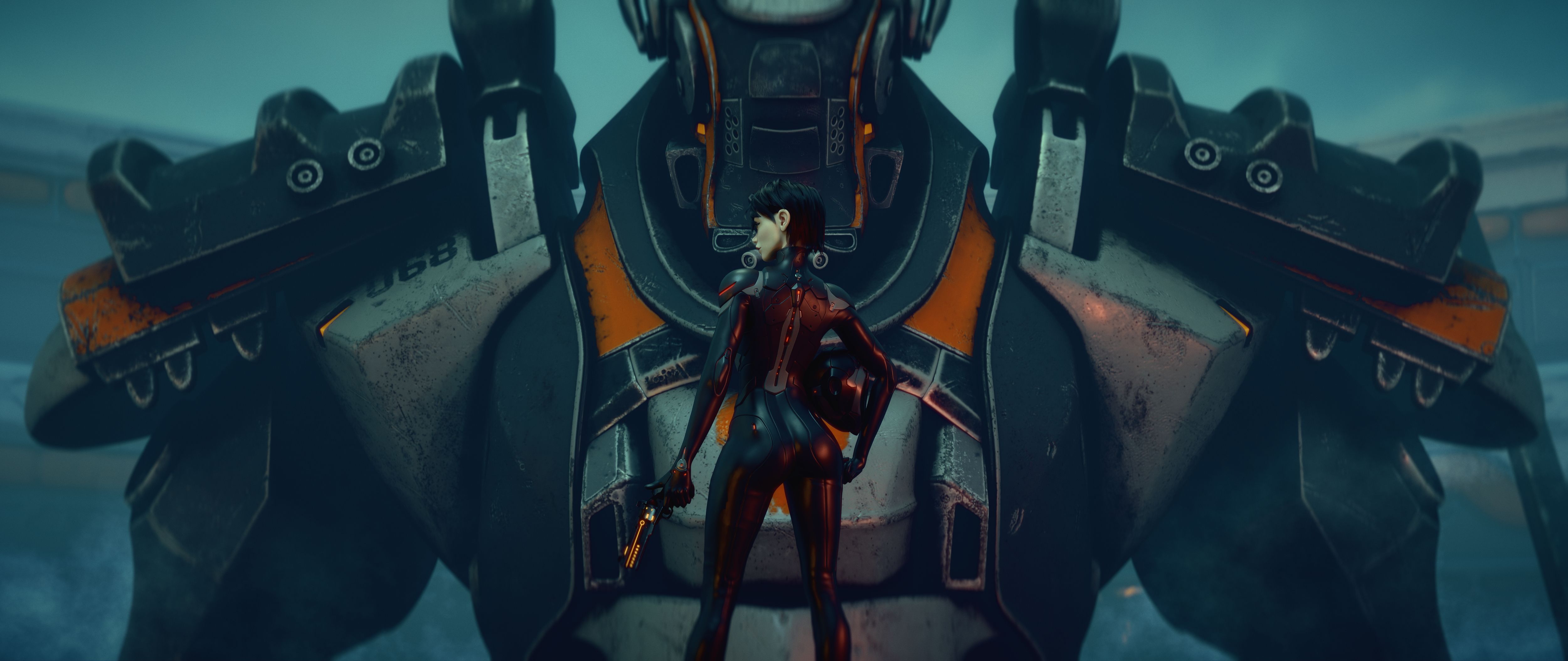 3d rendering rear view of female sci-fi mech pilot in tight cyber black suit standing holding gun in one hand, helmet under arm against background of giant futuristic samurai mecha in aerospace hangar