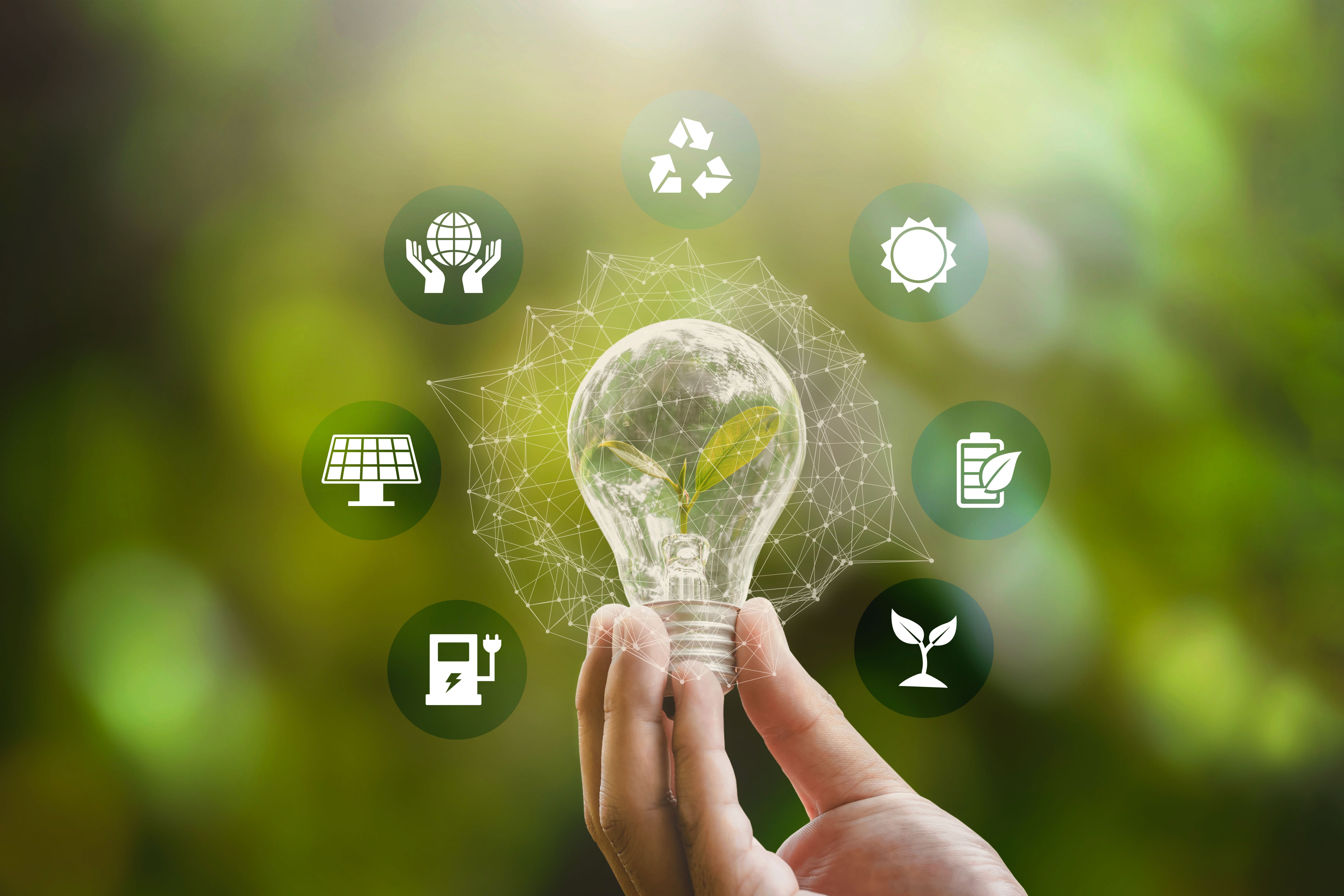 Hand holding and glowing light bulb