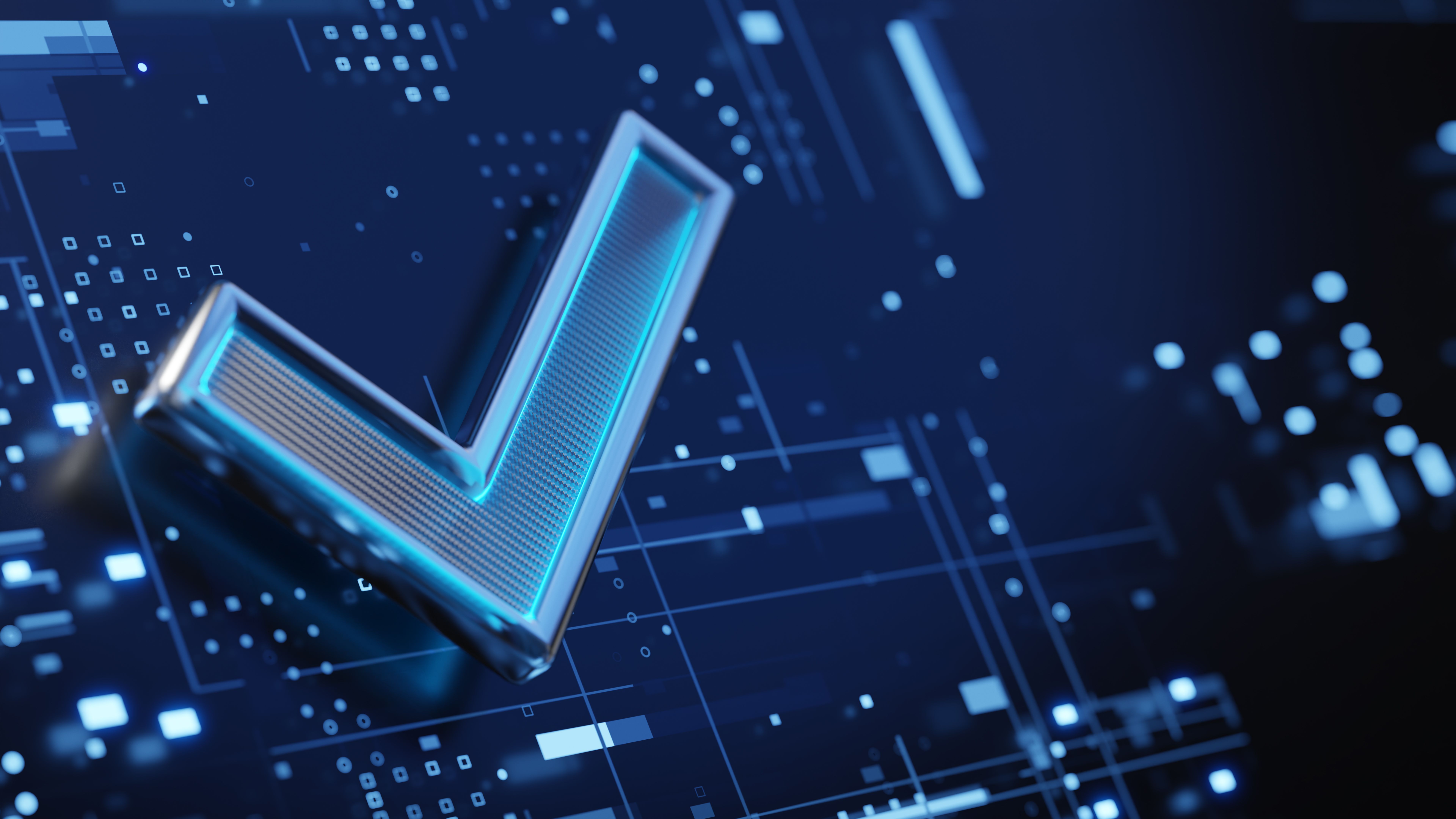 Check mark symbol. 3d glossy icon on abstract futuristic background. Success, solution, electronic voting concept. 3d render