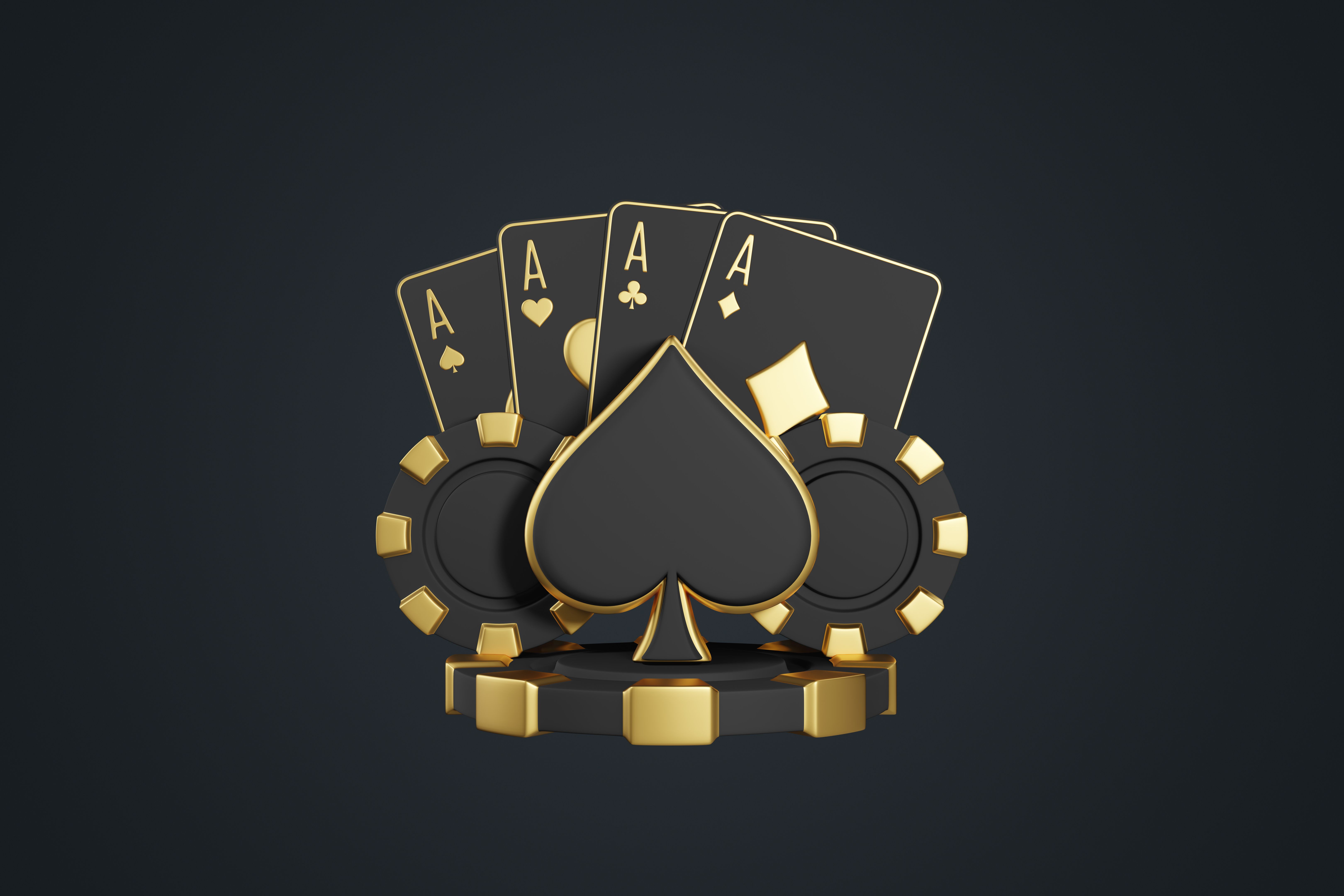 Golden Ace Cards and Poker Chips on Dark Background. 3D render illustration