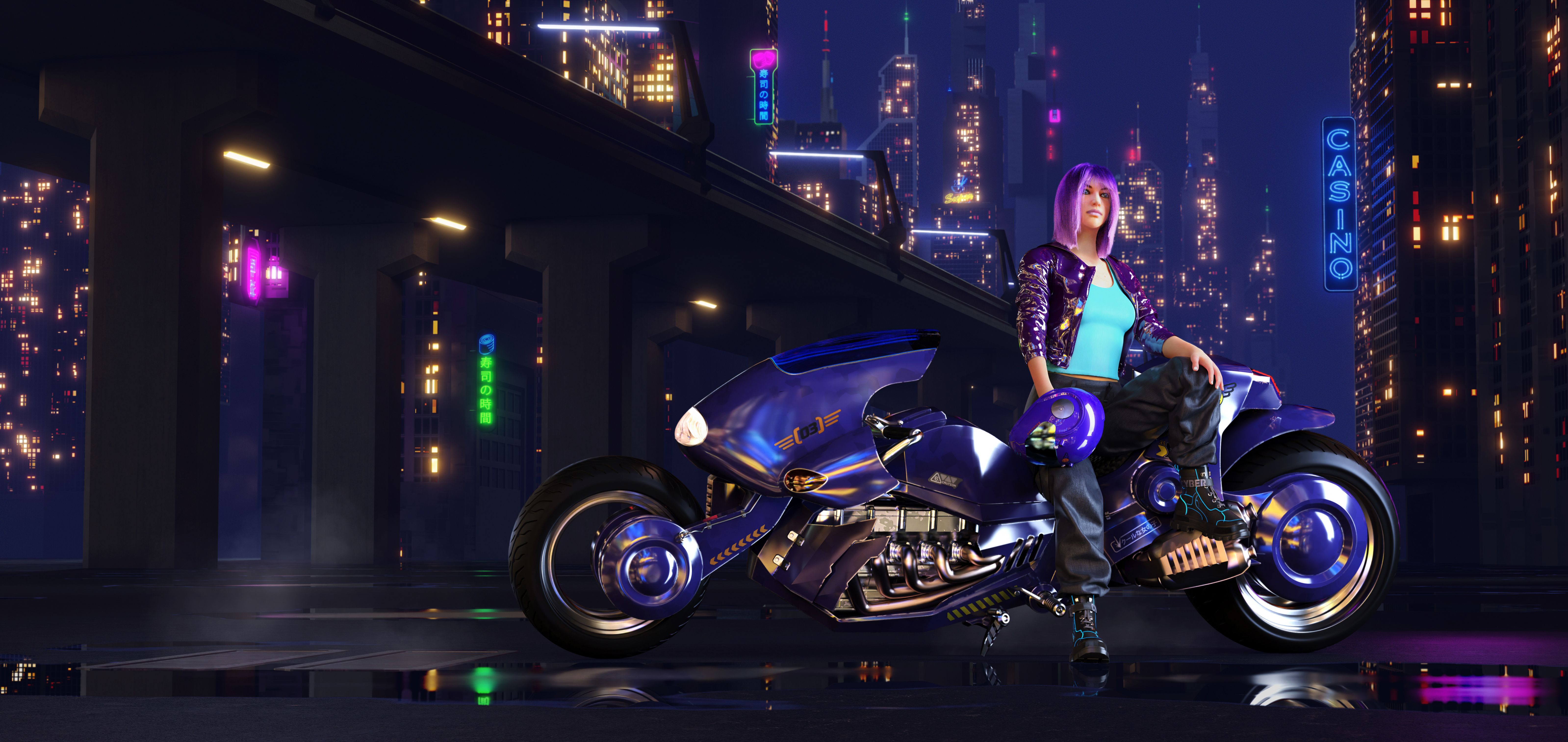 Cyberpunk Biker Girl. Futuristic Cyberpunk Night City