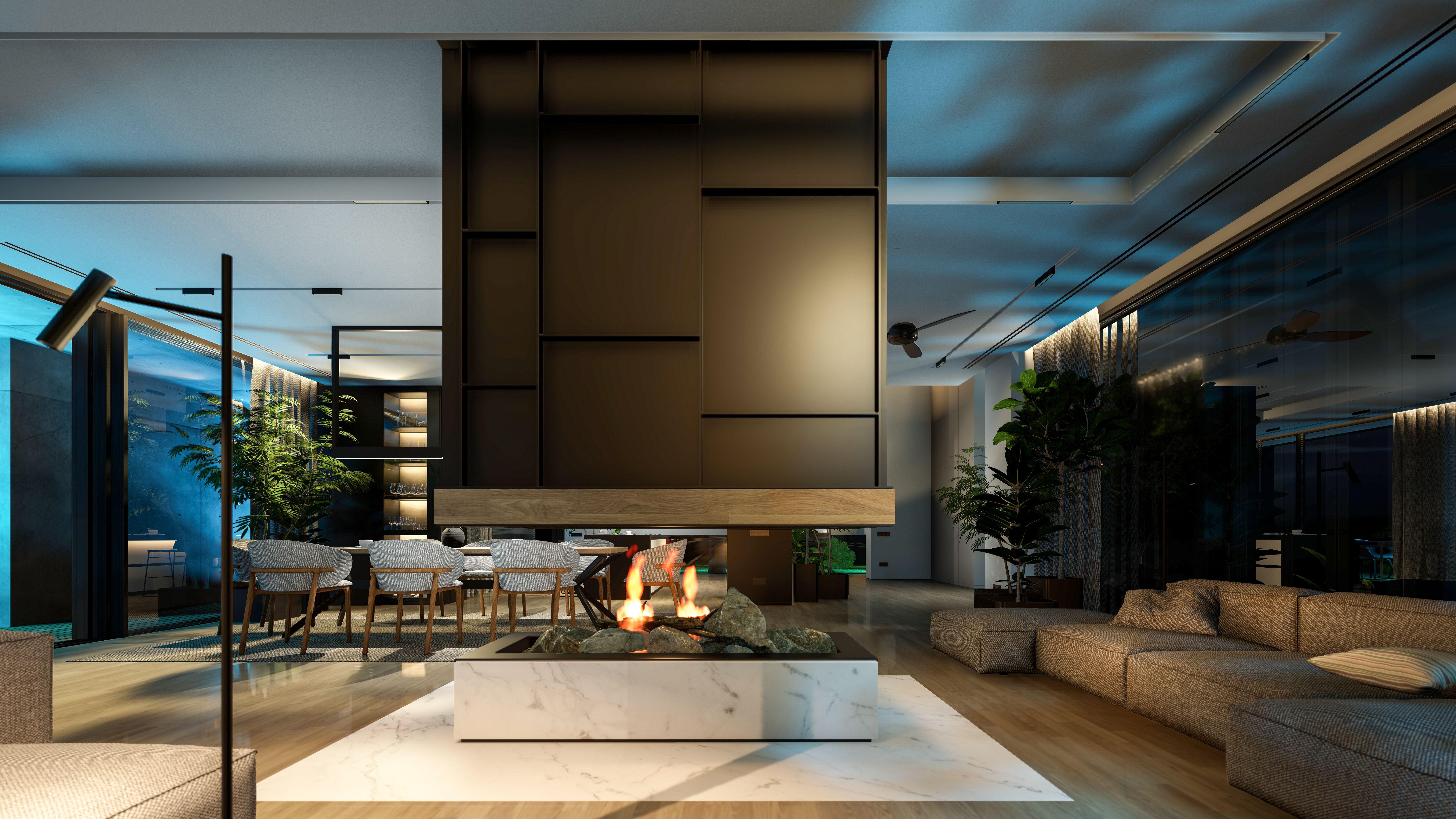 3d rendering of modern cozy interior with living, dining zone, stair and kitchen in night