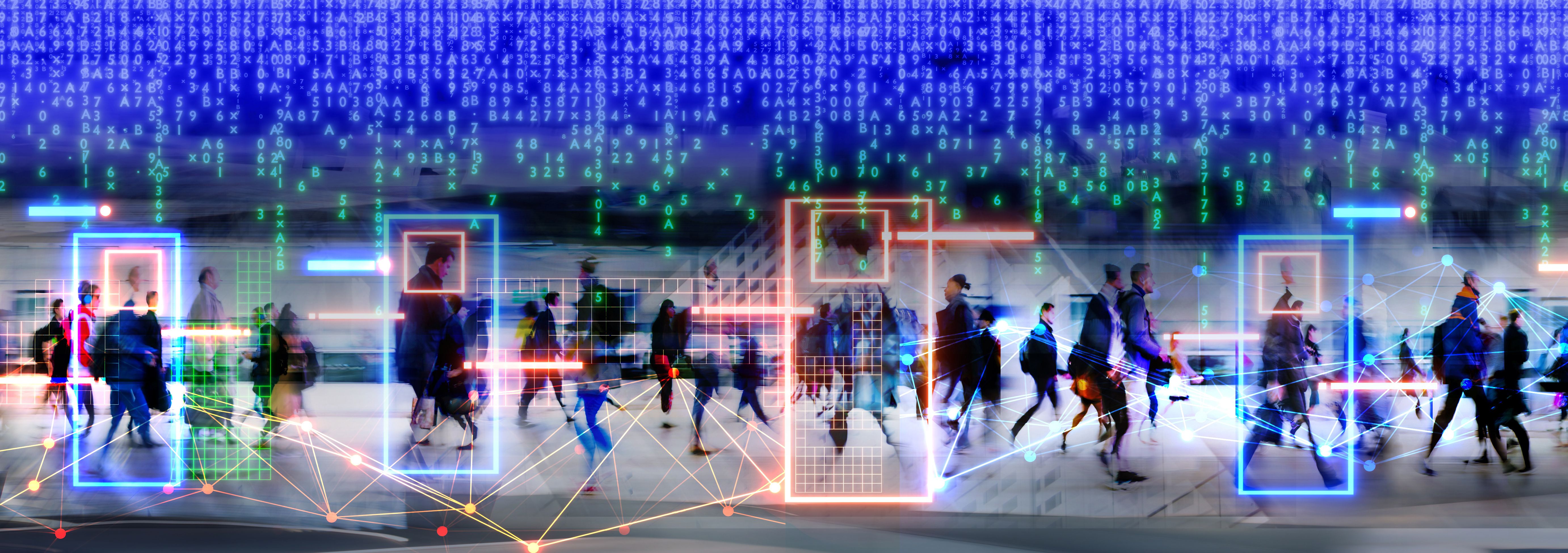 Walking business people are tracked with CCTV AI facial recognition technology, Big Data Analysis, scanning crowd, personal security, privacy protection concept Walking business people are tracked with CCTV AI facial recognition technology, Big Data Analysis, scanning crowd, personal security, privacy protection concept