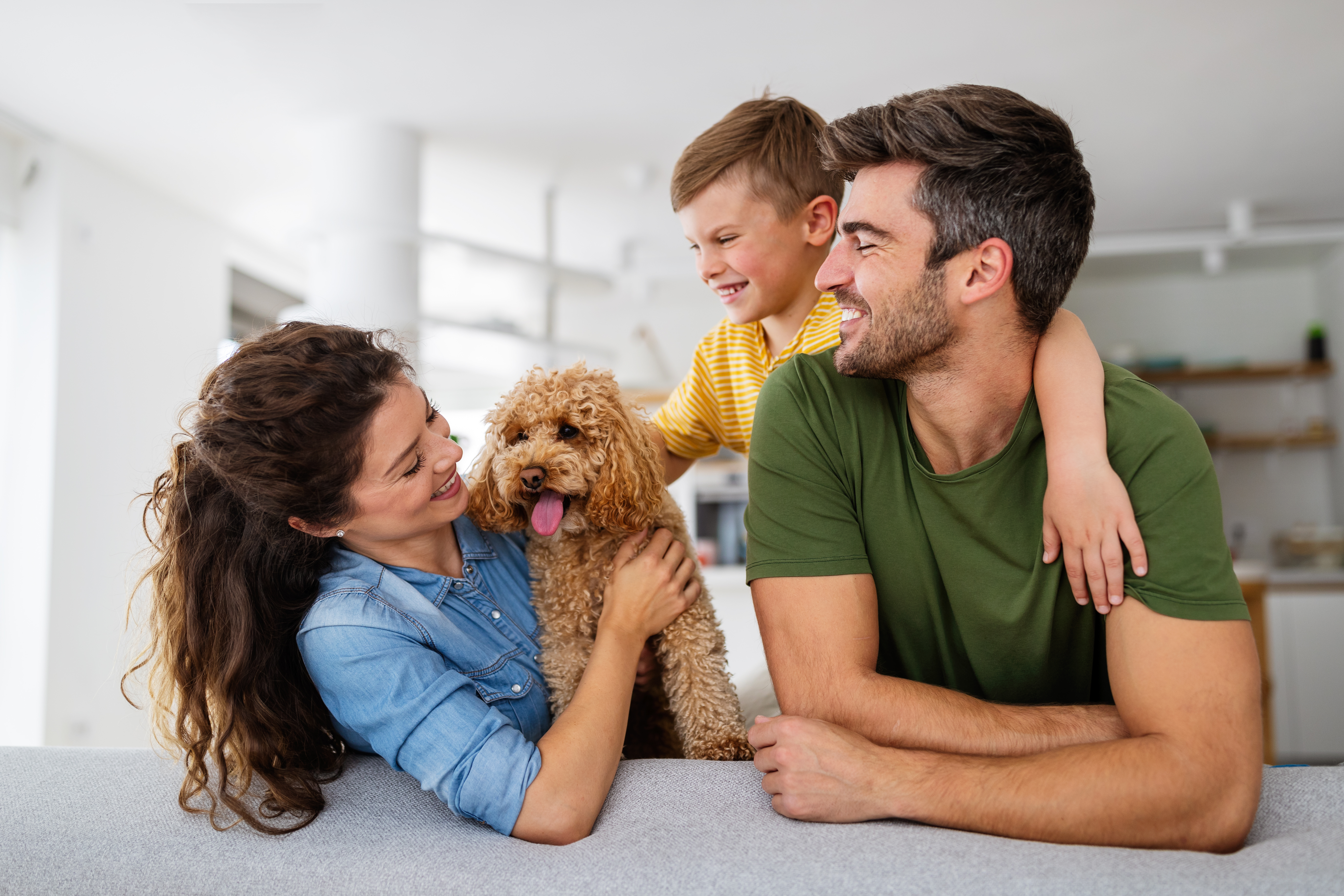 Happy family playing, having fun with dog at home
