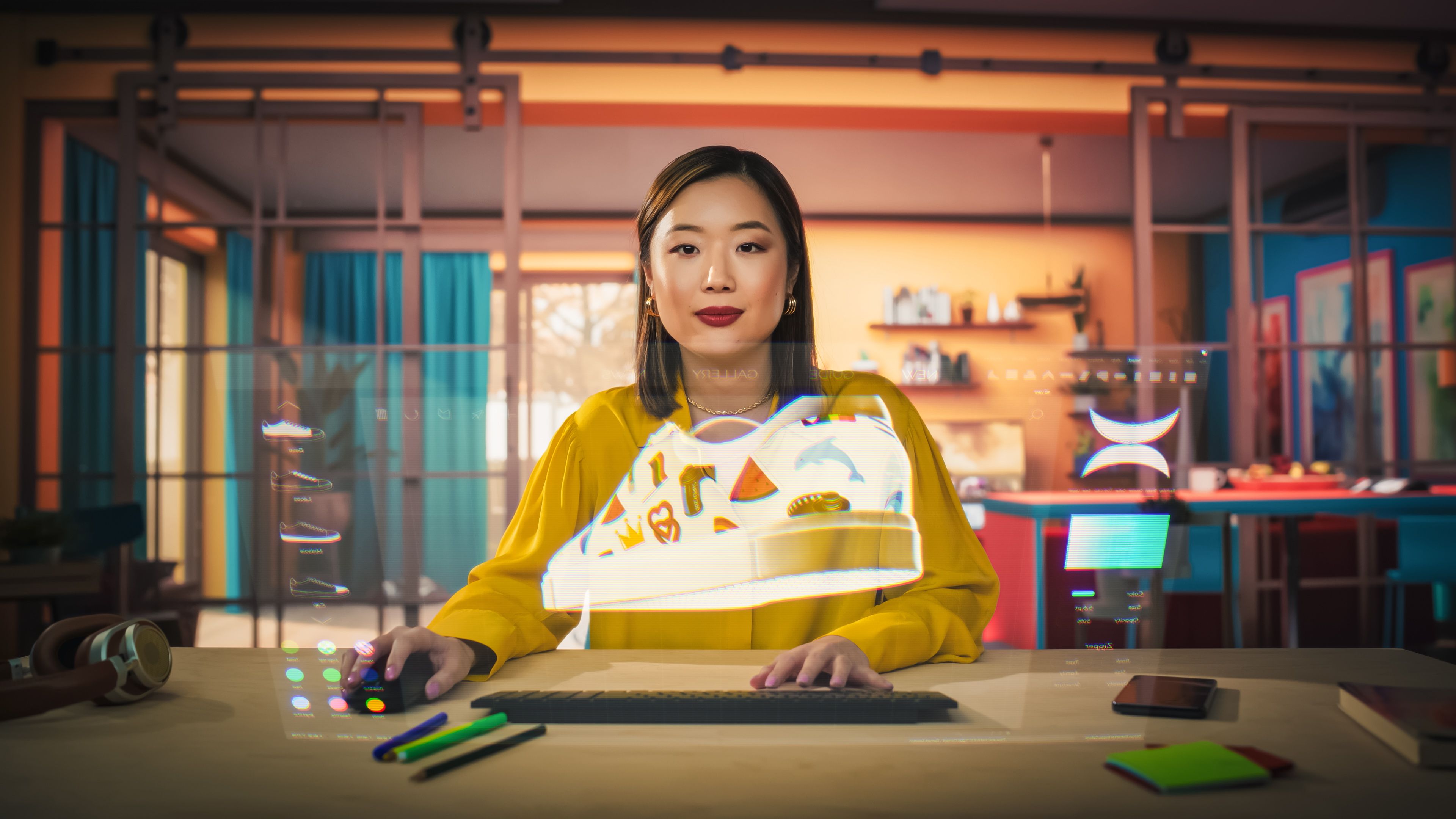 Asian Female Designer Uses a VFX Hologram Screen to Create a 3D Shoe Design in a Graphical Interface Software. Young Professional Entrepreneur doing Digital Fashion, Sneaker and Clothing Deisgn Asian Female Designer Uses a VFX Hologram Screen to Create a 3D Shoe Design in a Graphical Interface Software. Young Professional Entrepreneur doing Digital Fashion, Sneaker and Clothing Deisgn