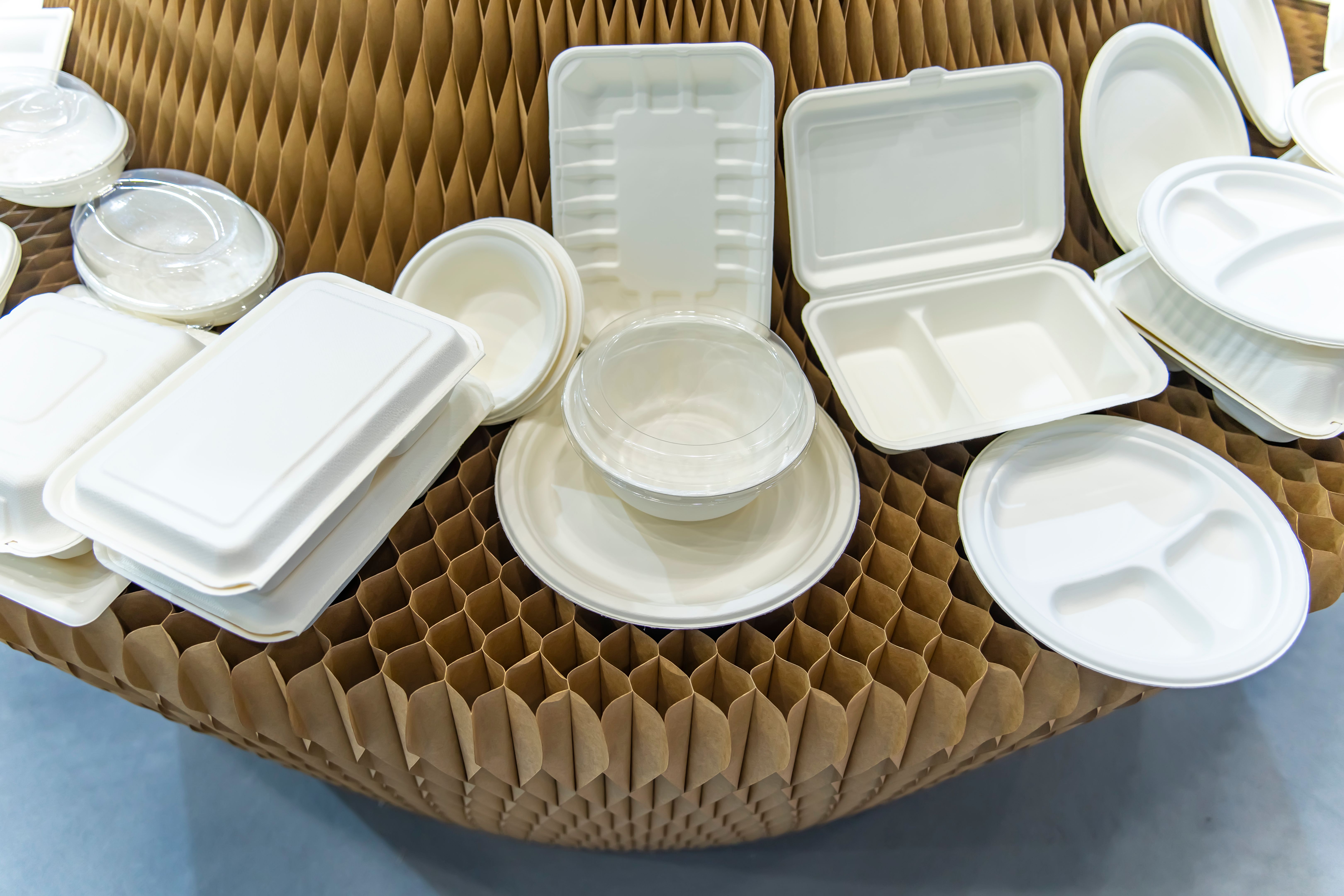Set of unbleached plant fiber food box and paper cup. Natural fiber eco food and drink packaging. Set of unbleached plant fiber food box and paper cup. Natural fiber eco food and drink packaging.