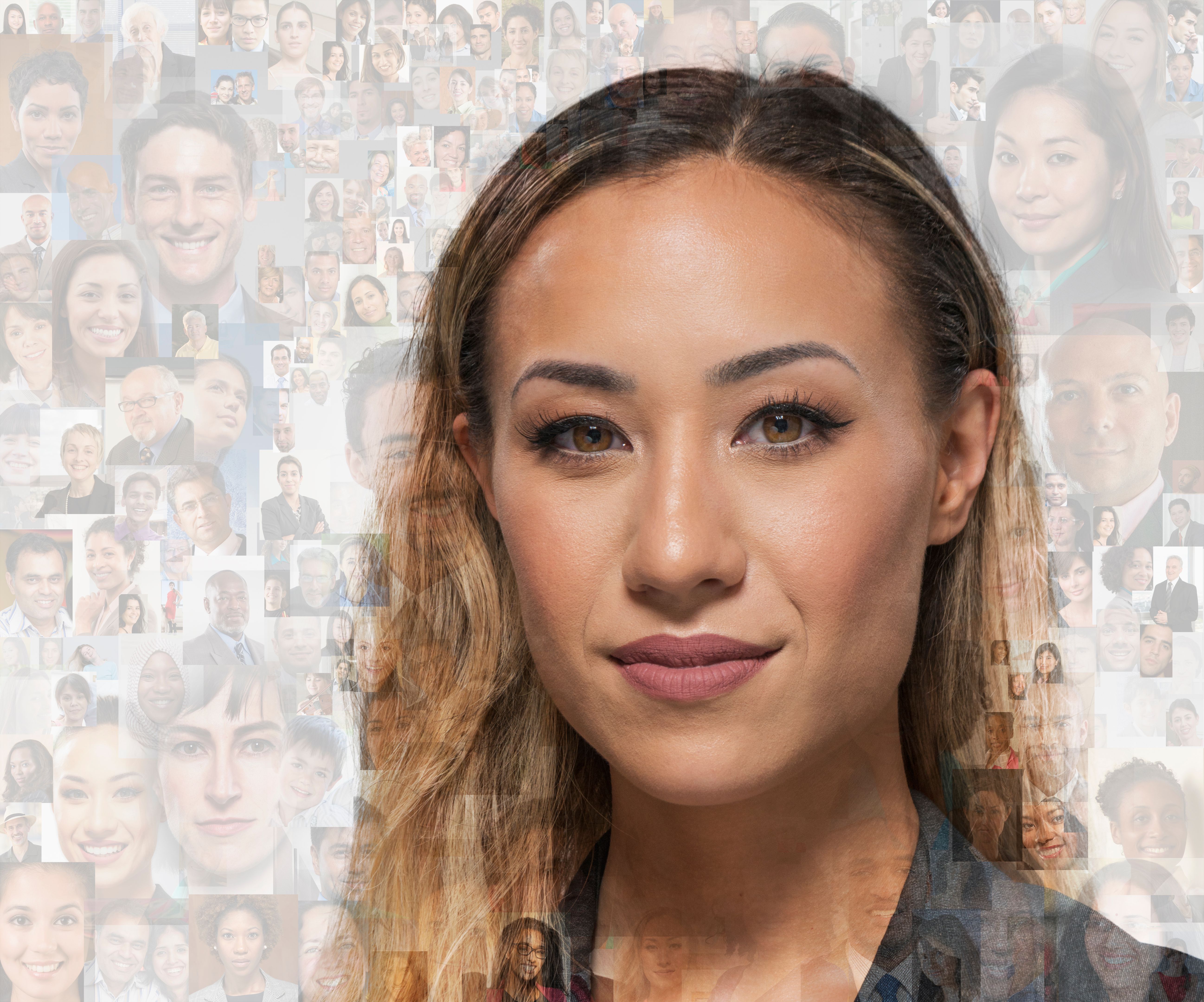 Portrait of Asian businesswoman with image montage behind