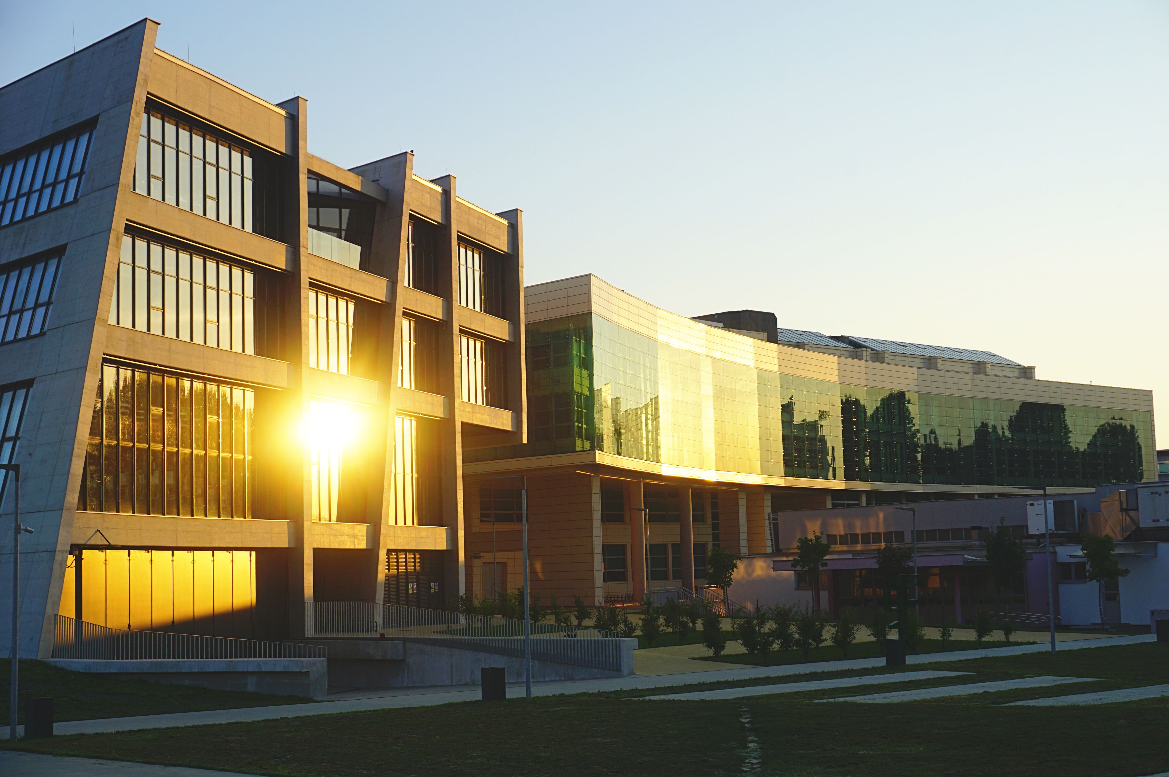 A university campus in the town of Osijek in Croatia. Buildings of the Faculty of Civil Engineering and Agriculture, which are flooded with the sun in the fall