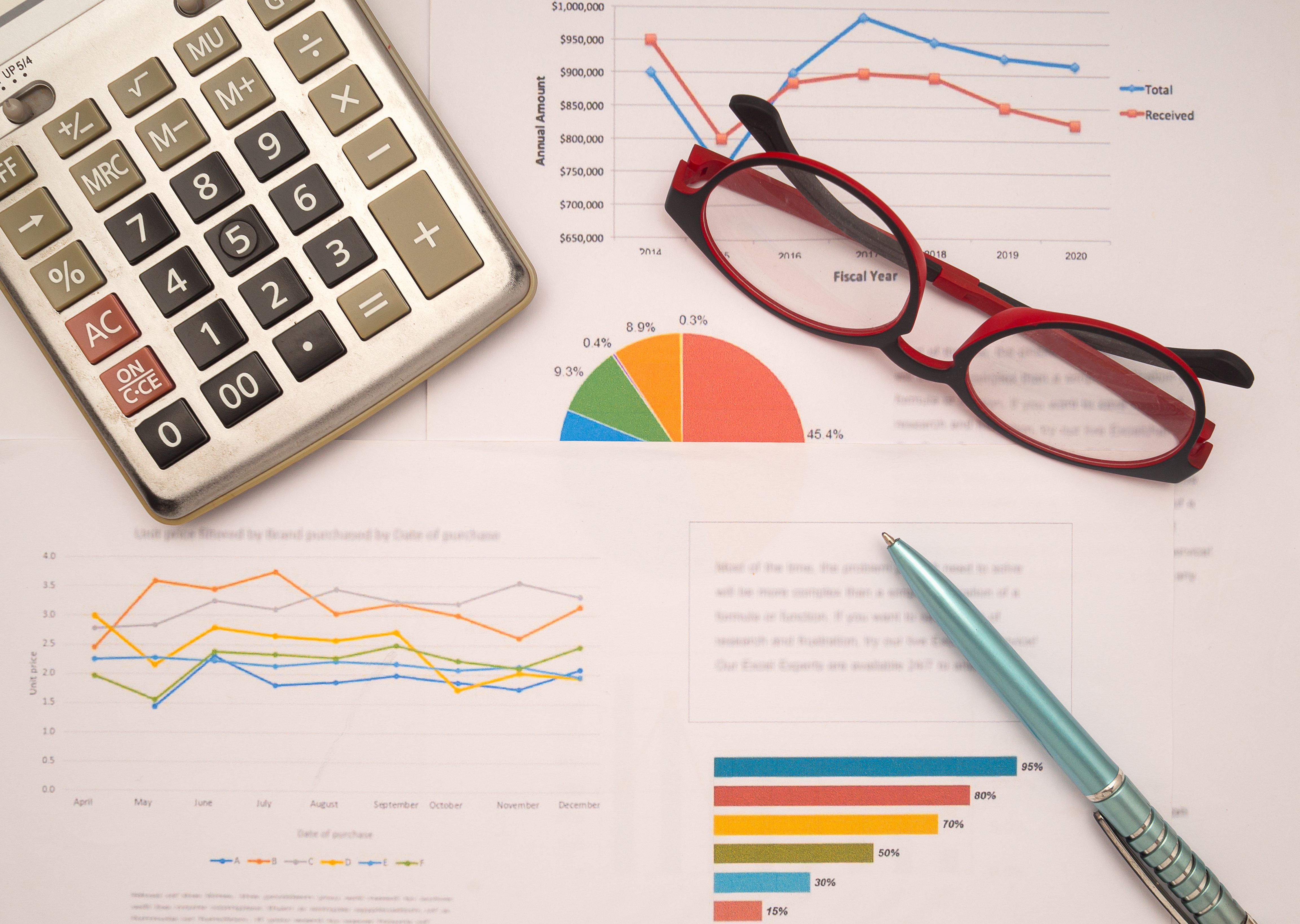 Top view of the work desk with a calculator, glasses, and a pen on business reports background