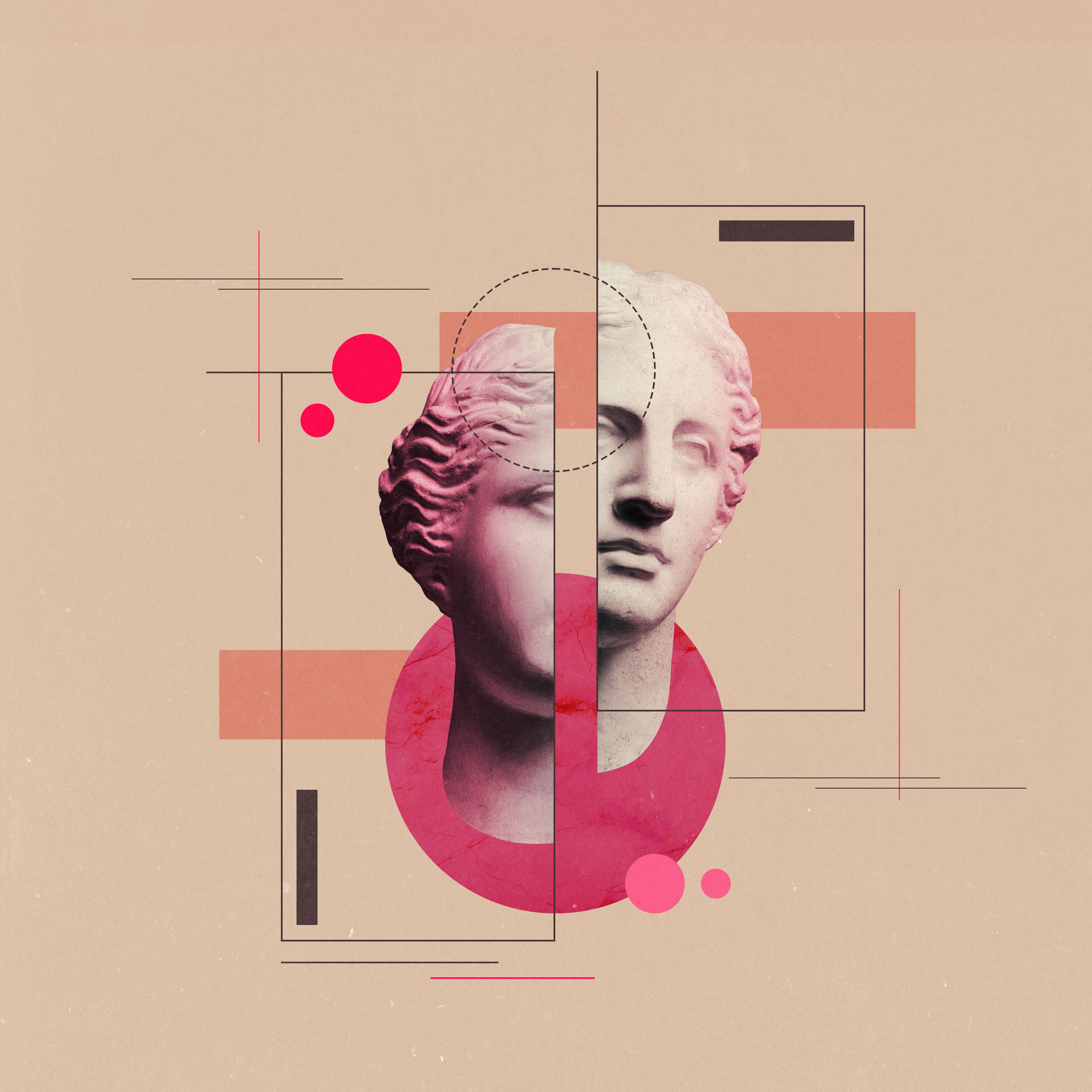 Poster. Contemporary art collage. Futuristic artwork of cropped Greek antique statue against pastel beige background with modern vibrant figures and doodles.