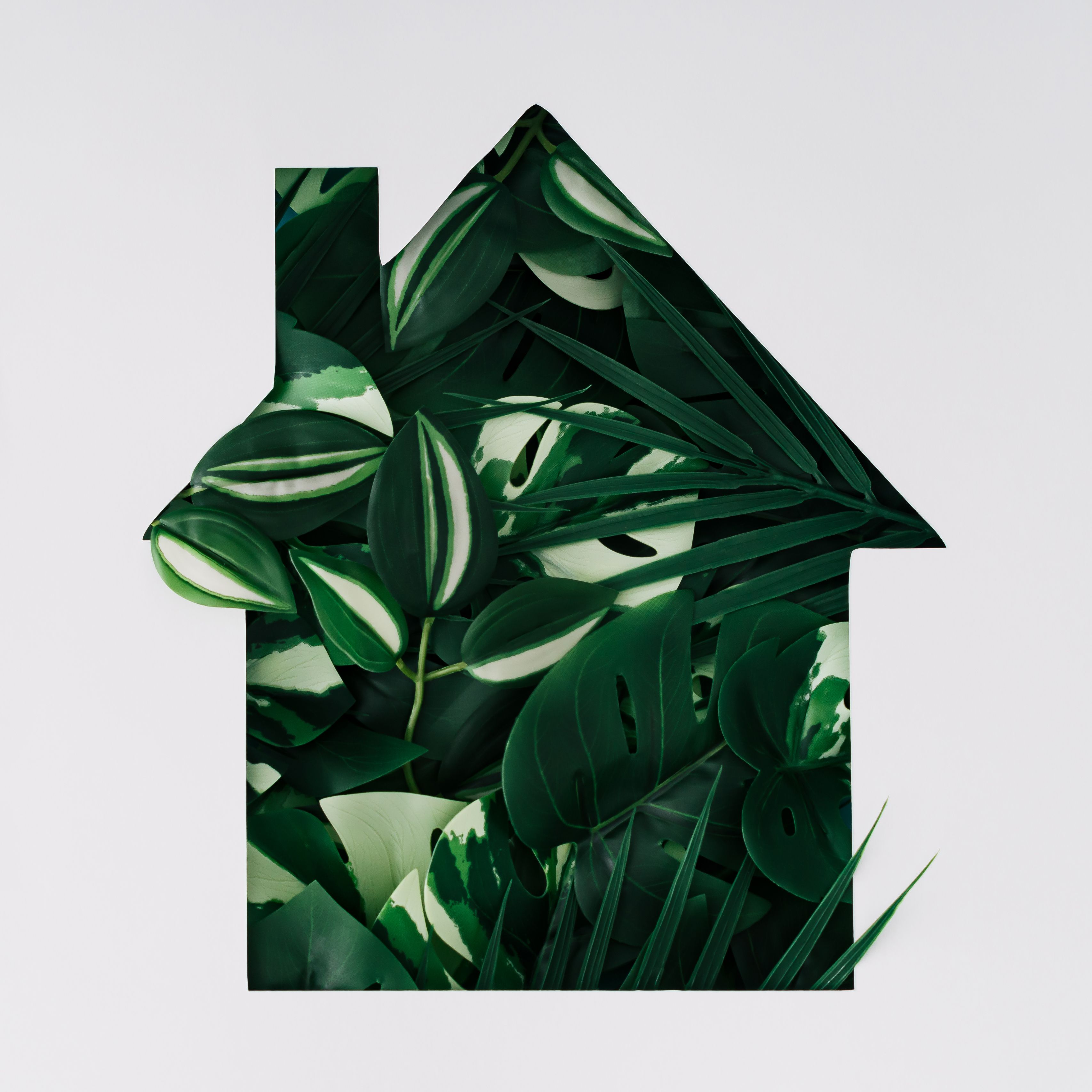 Tropical green leaves visible through a house shaped gap on white background. Minimal eco house concept. Flat lay style. Top view banner.