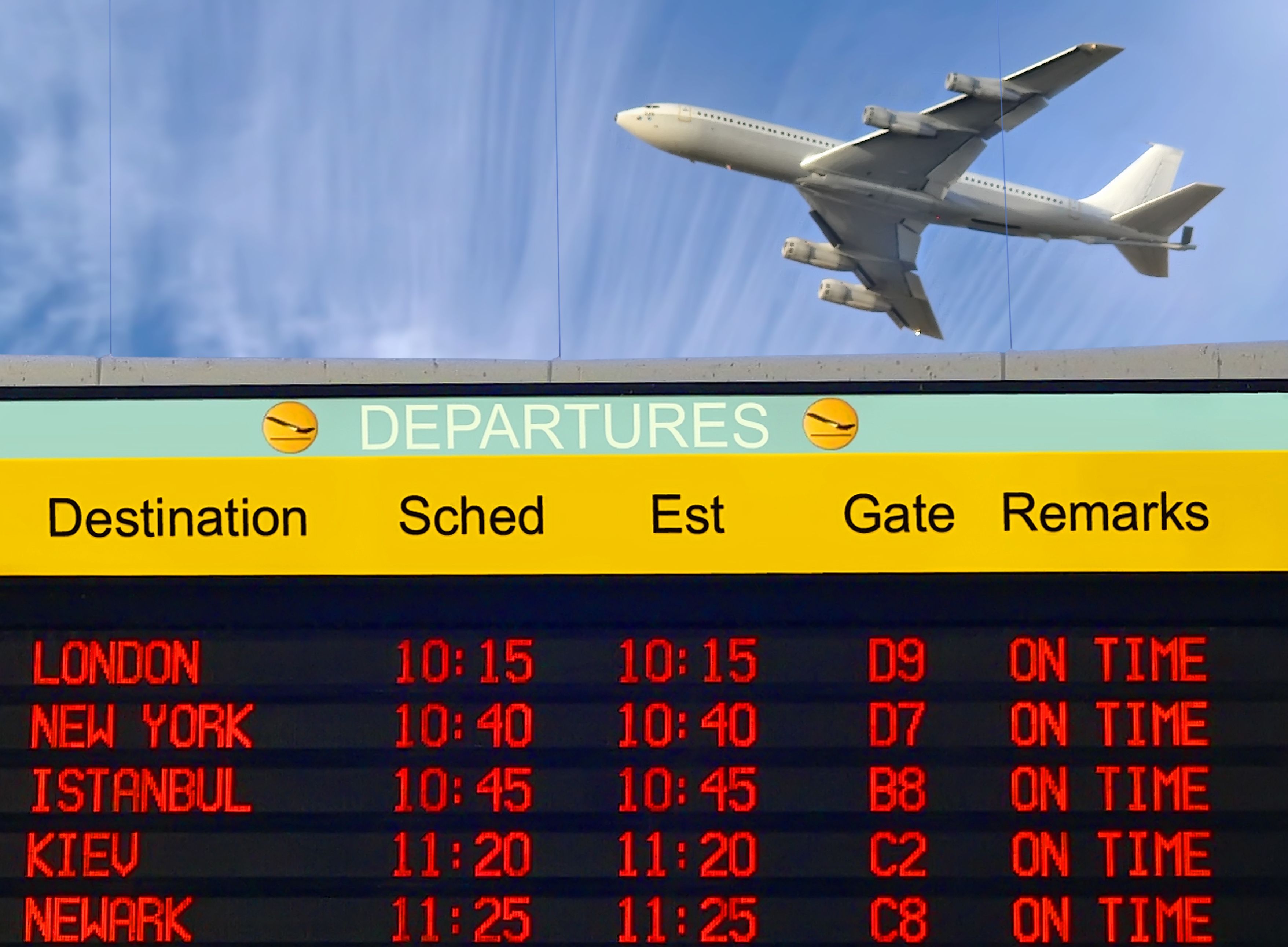 Airport electronic display screen timetable of departures