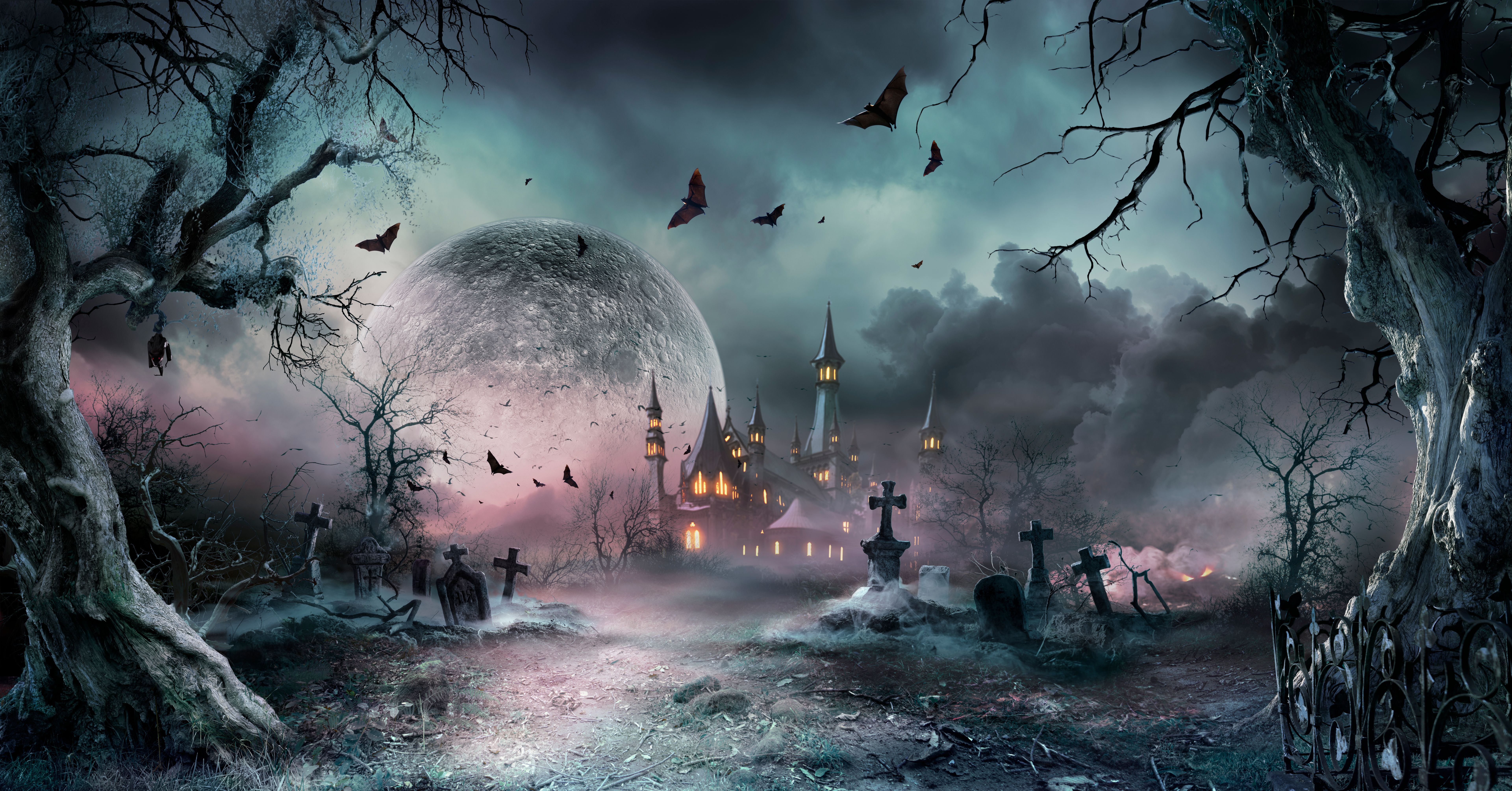 Halloween Scene - Graveyard At Moonlight With Dark Trees Castle - Contain Unrecognizable, Deformed And Defocused Church With Reassembled Part Halloween Scene - Graveyard At Moonlight With Dark Trees Castle - Contain Unrecognizable, Deformed And Defocused Church With Reassembled Part