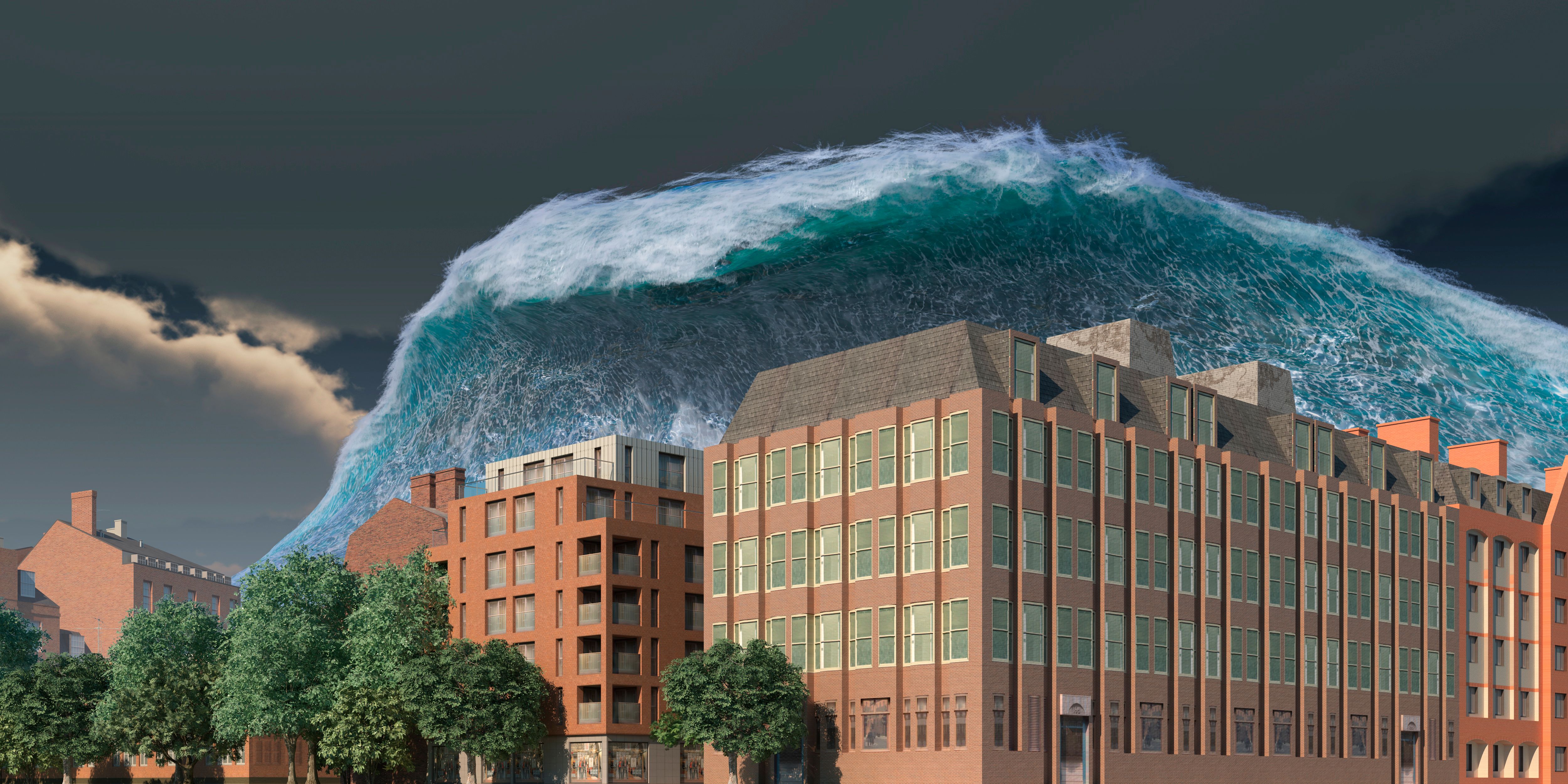 Tsunami wave apocalyptic water view urban flood Storm. 3D illustration
