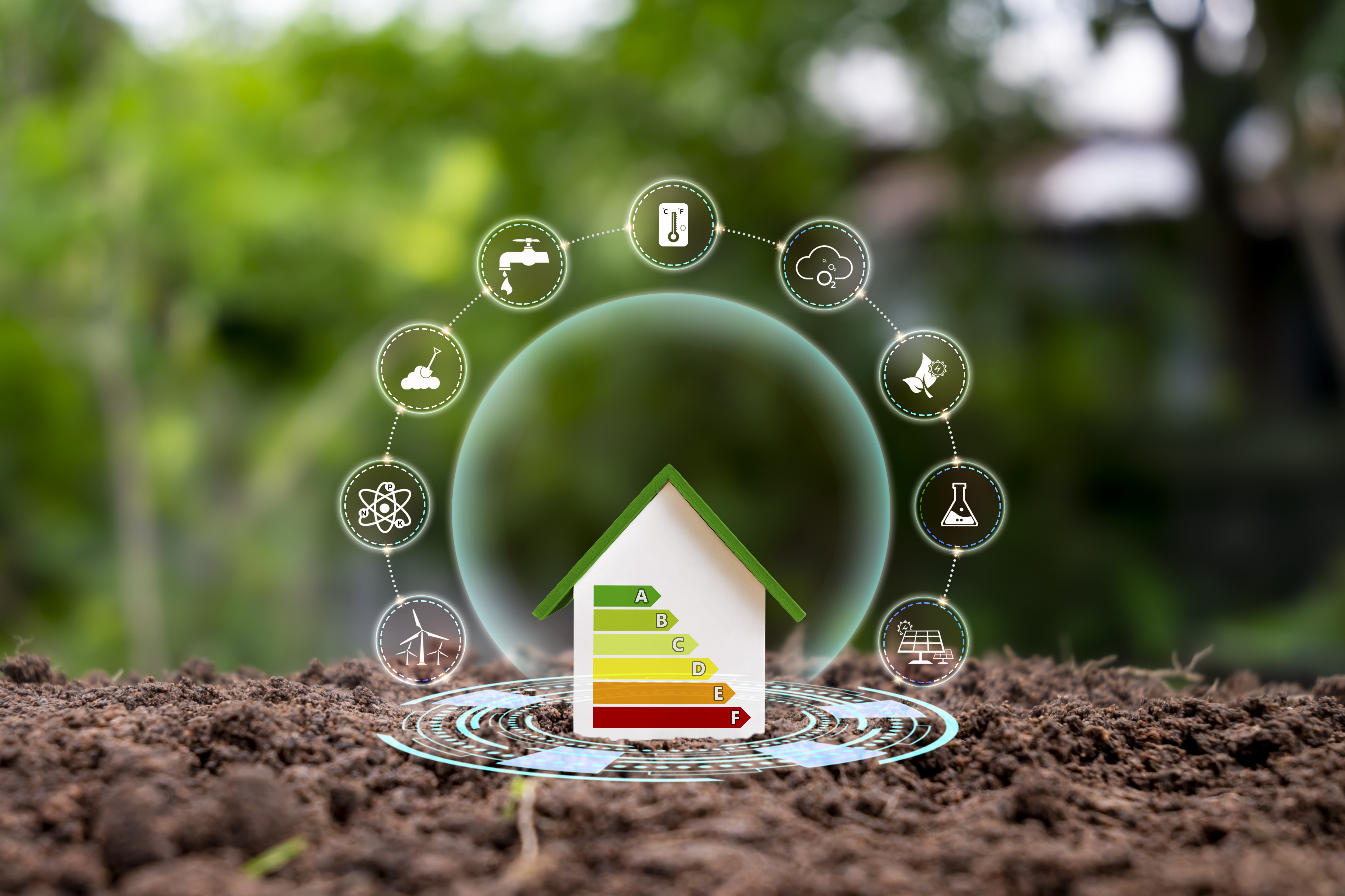 Modelo de casa en terreno con icono de energía limpia. Concepto de casa ecológica y casa de ahorro de energía y ecológica.