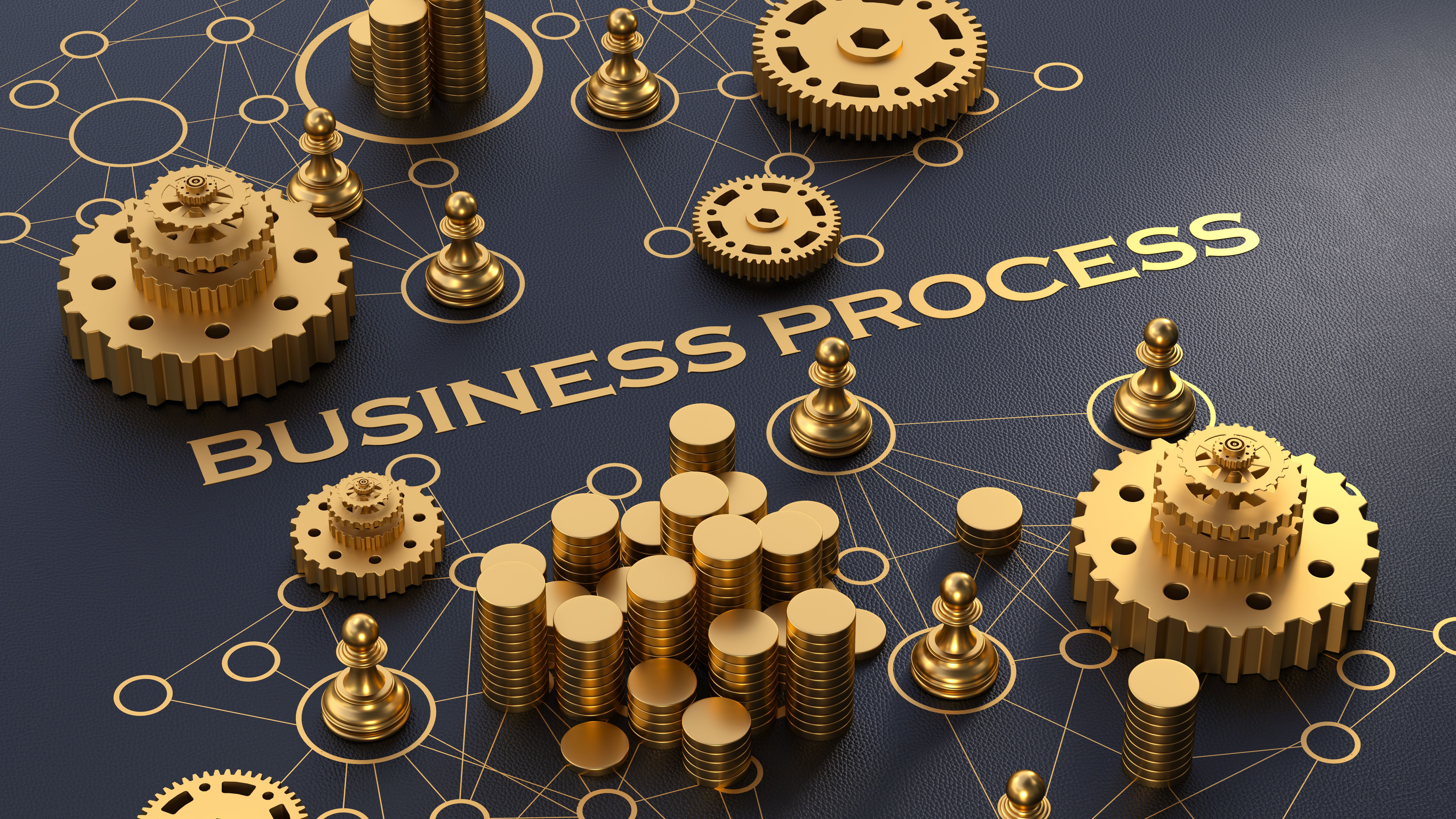 Business Process Concept: Gears, Pawns, and Gold Connected by Lines Symbolizing Work, Wealth, and Human Effort. 3D rendering.