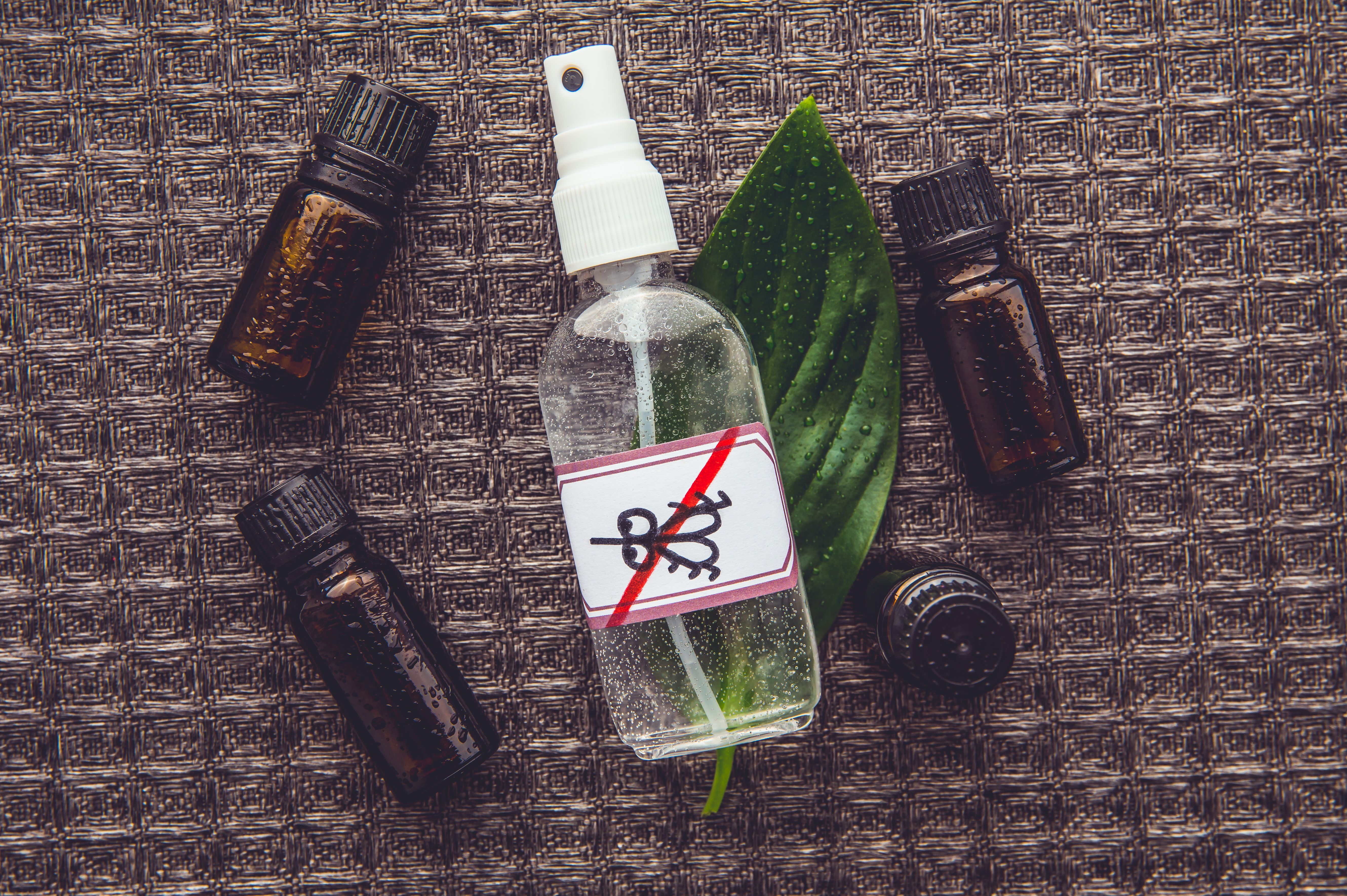 Homemade essential oil based mosquito repellent. Flat lay view of spray bottle surrounded by brown essential oil bottles on black background.