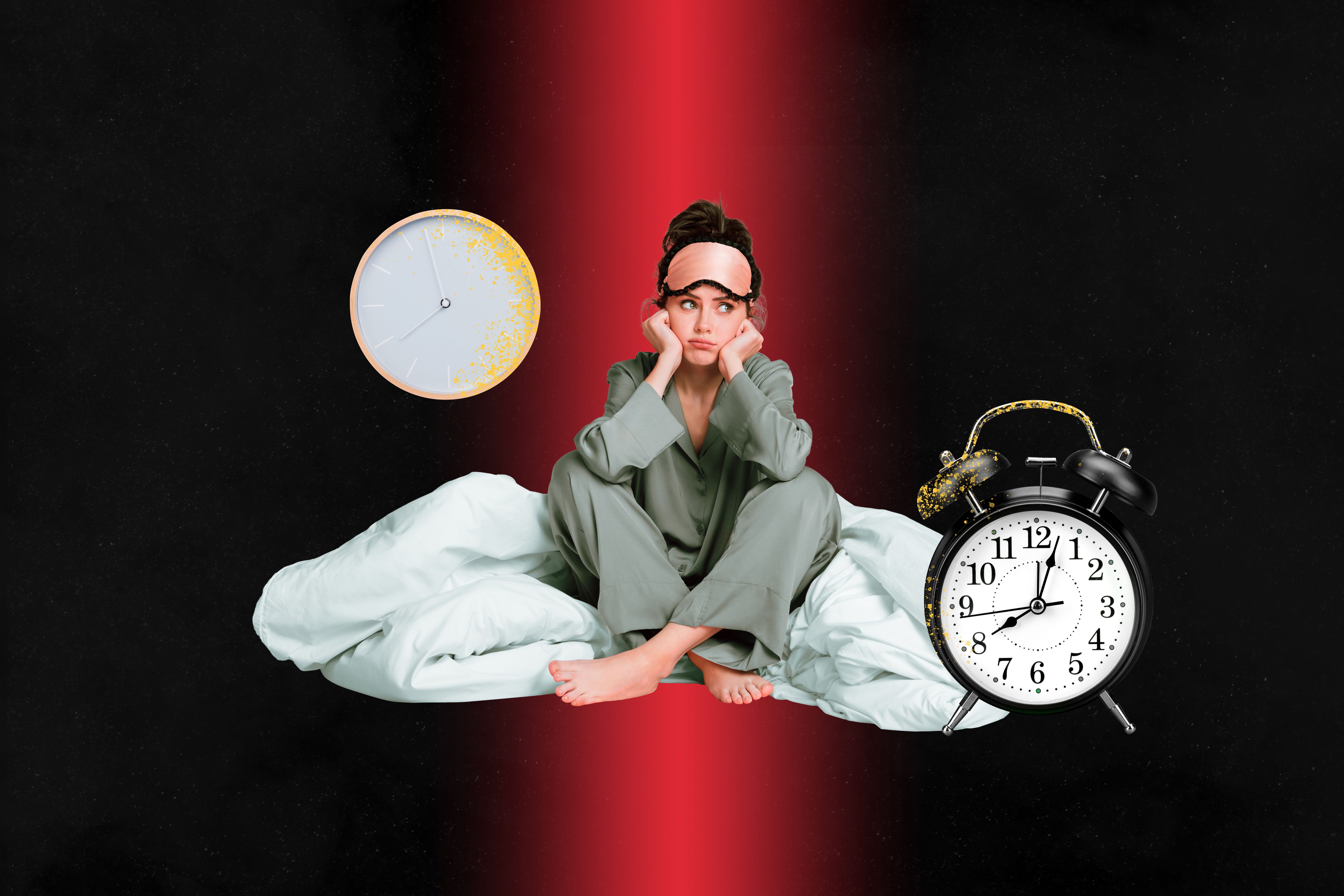 Creative poster collage of&nbsp;sad irritated female insomnia cant sleep pajama&nbsp;time clock wake up early&nbsp;weird freak bizarre unusual fantasy