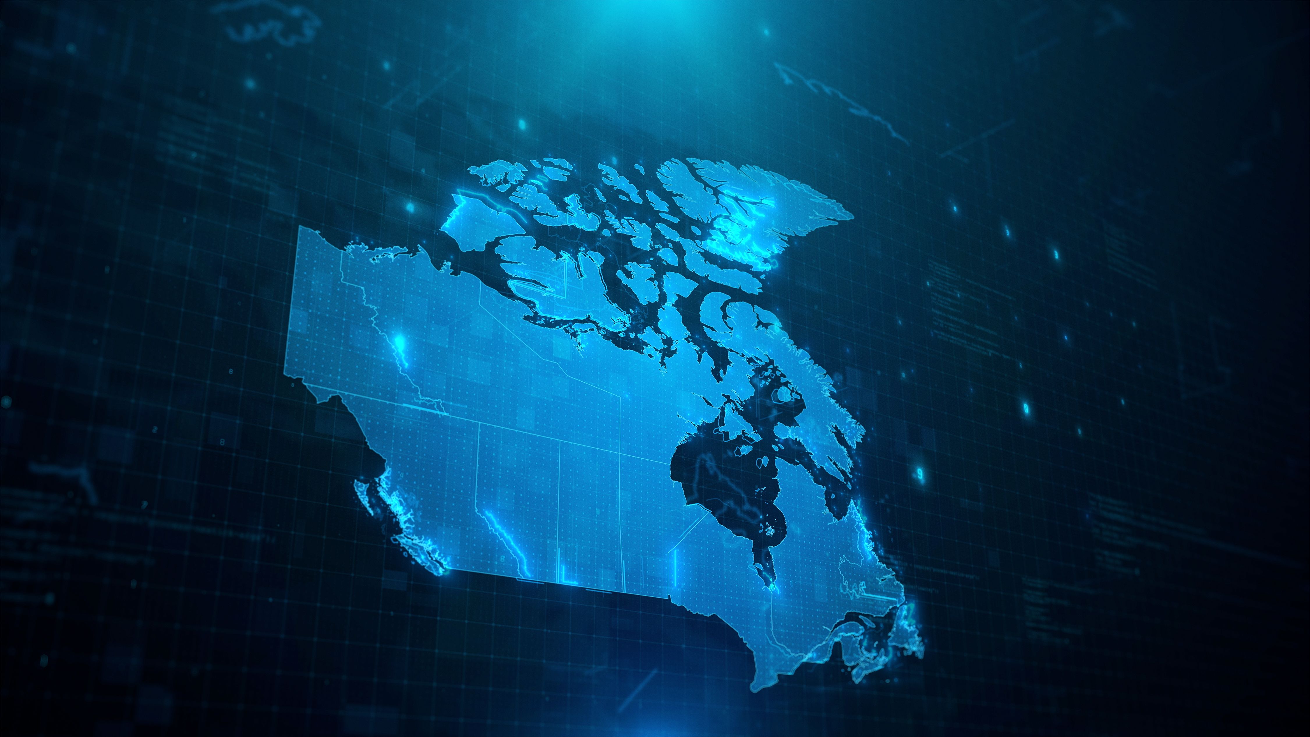 Map of Canada with states and regions on blue digital background