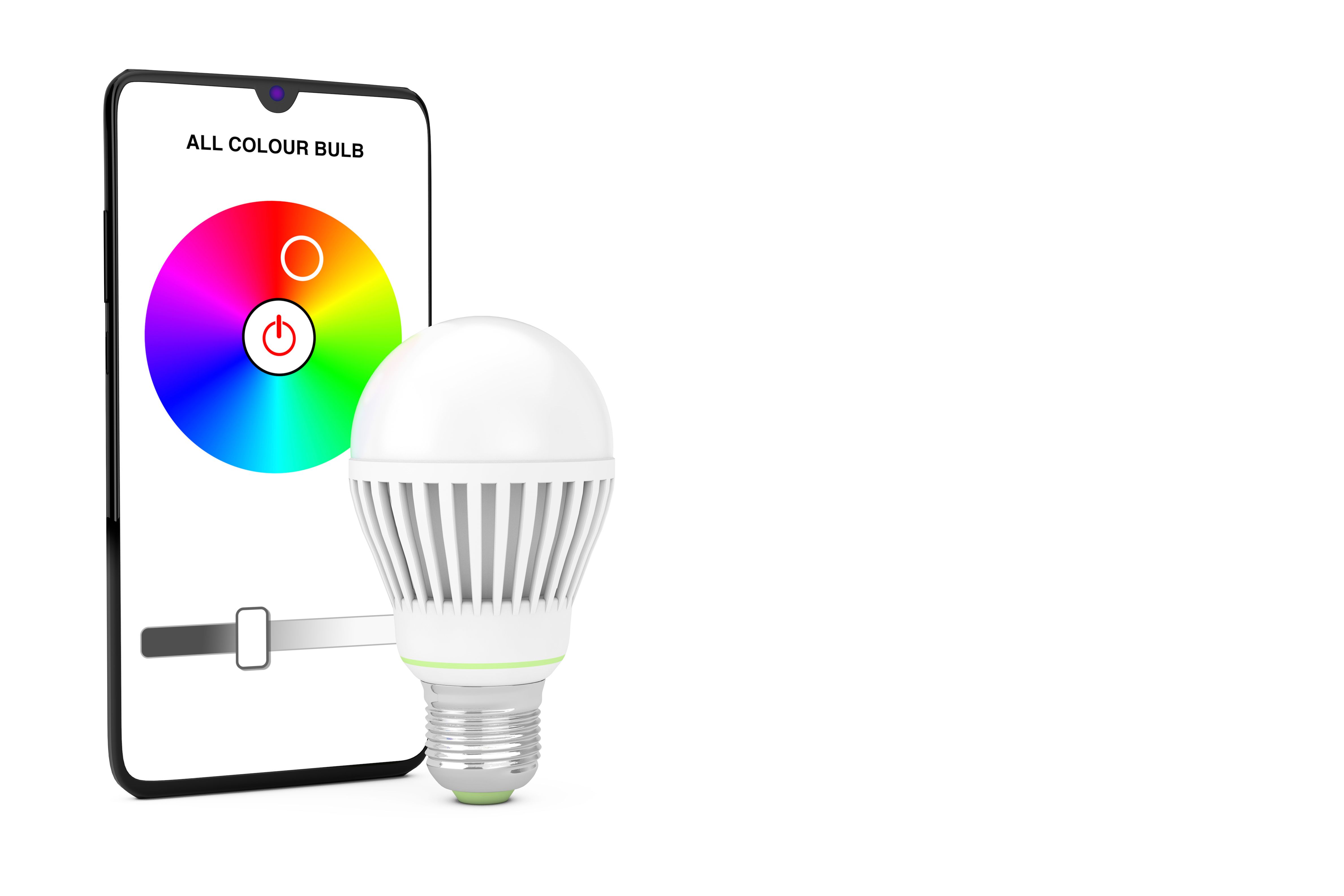Smart LED Bulb Controlled by Mobile Phone Smartphone. 3d Rendering